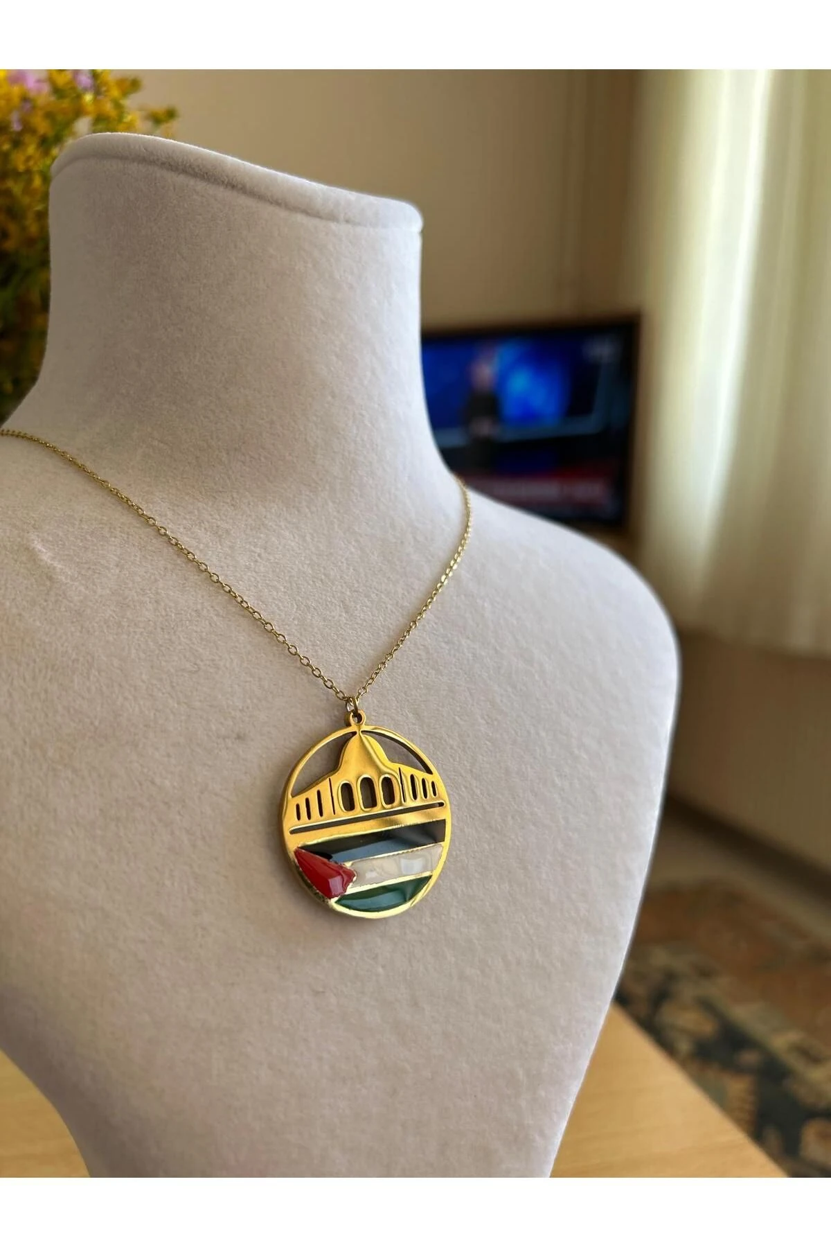 Filistin Kudüs Mescid-i Aksa Temalı Özel Tasarım Kolye Zinciri ile Birlikte