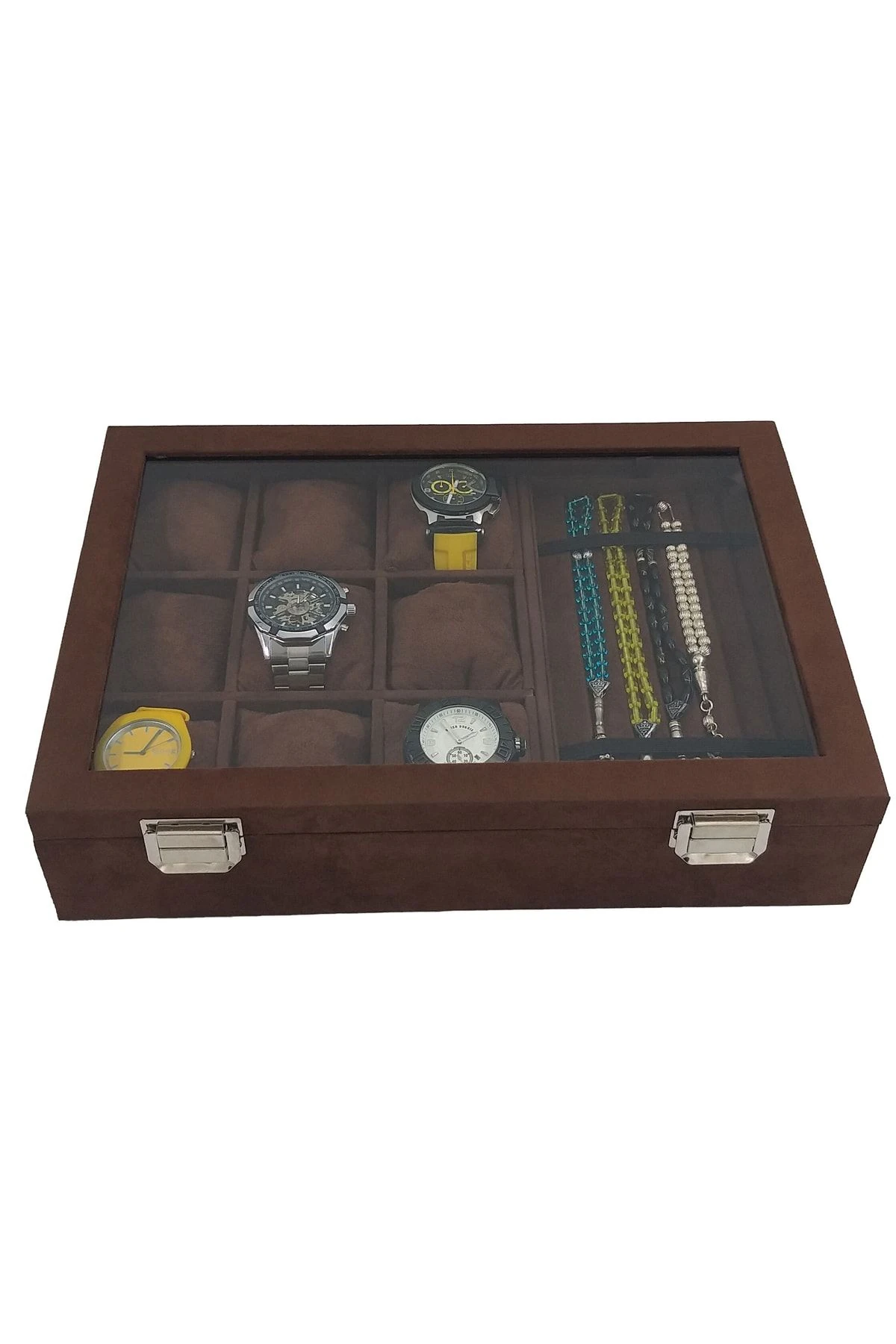 Saat Ve Tesbih Kutusu 9+ Tesbih Bölmeli Alcantara Kahve