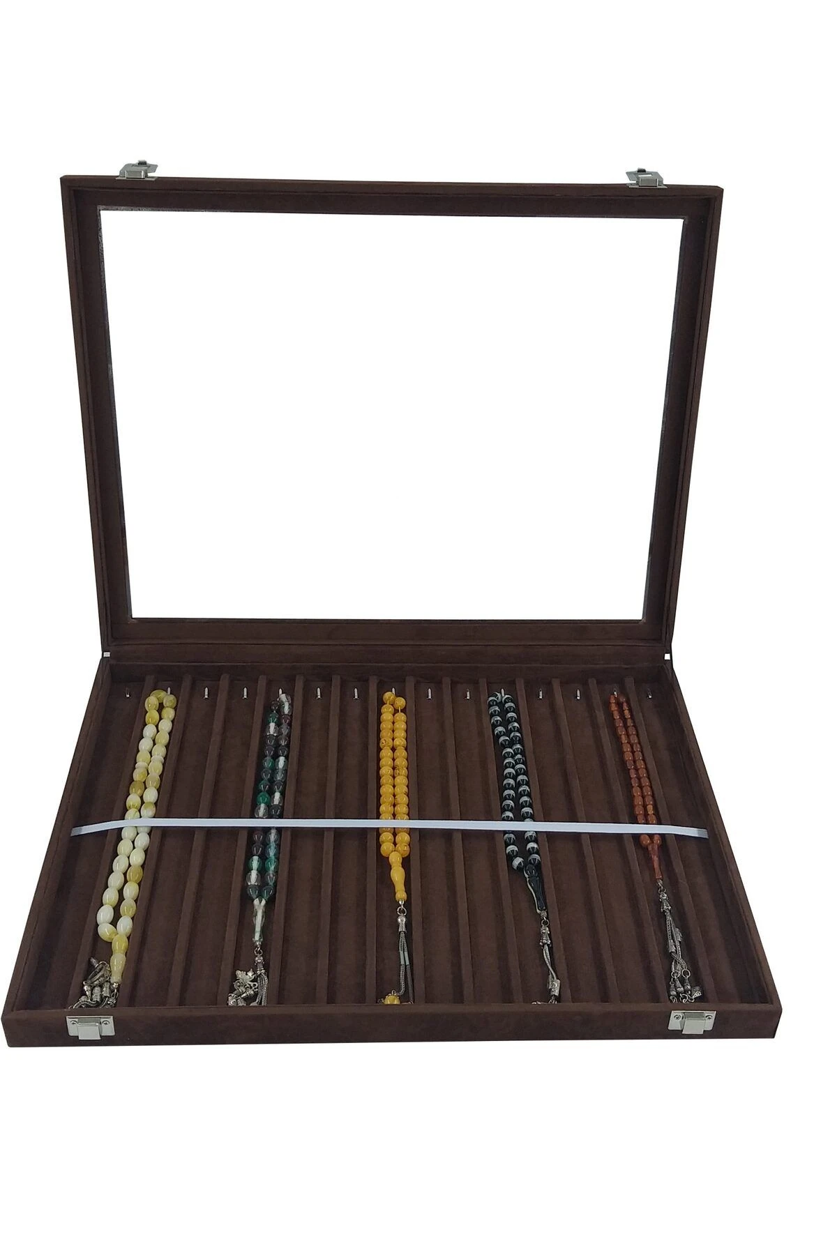 Tesbih Kutusu Askılı Camlı Alcantara Kahve