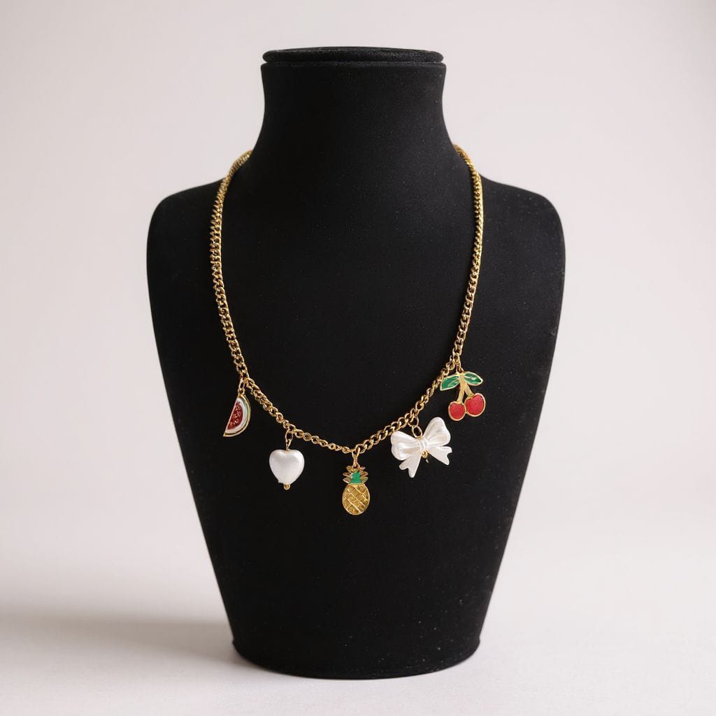 Renkli Figürlü Charm Kolye – Meyve ve Fiyonk Detaylı Altın Renk Zincir