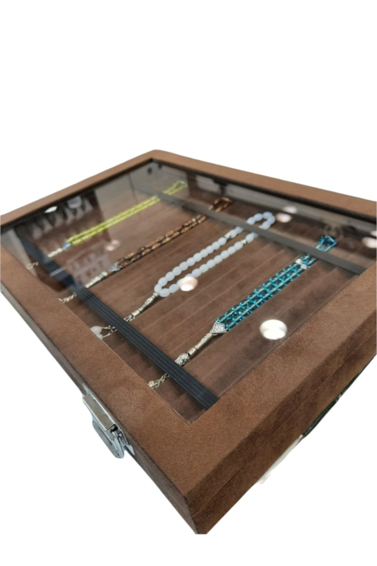 Tesbih Kutusu Lastikli Camlı Kahve Alcantara