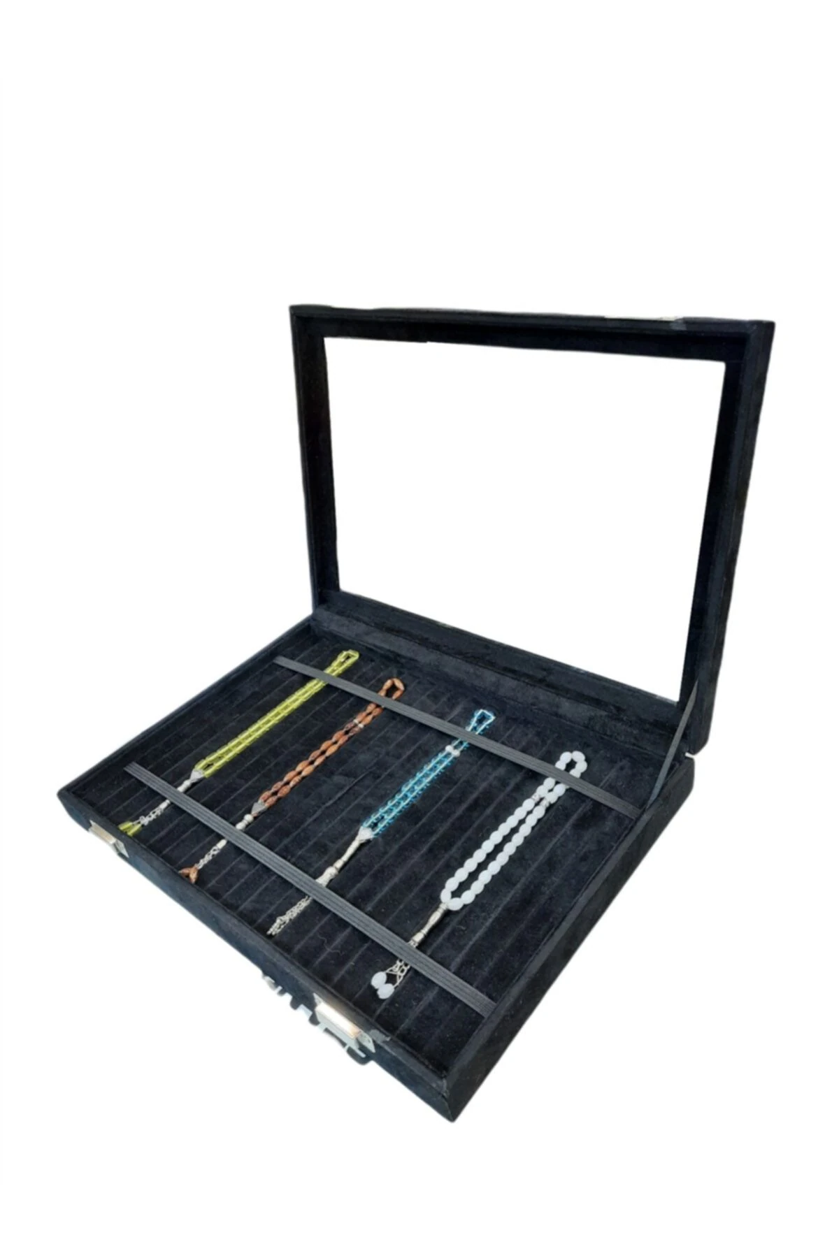 Tesbih Kutusu Lastikli Camlı Siyah Alcantara