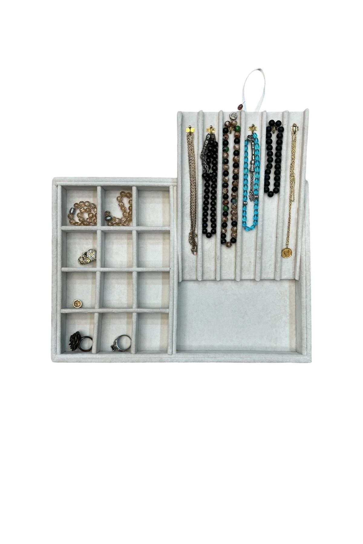 Takı Tablası Kombin Model, Çok amaçlı Takı Düzenleyici. Ahşap Üzeri Süet Kaplama Krem Rengi No:1