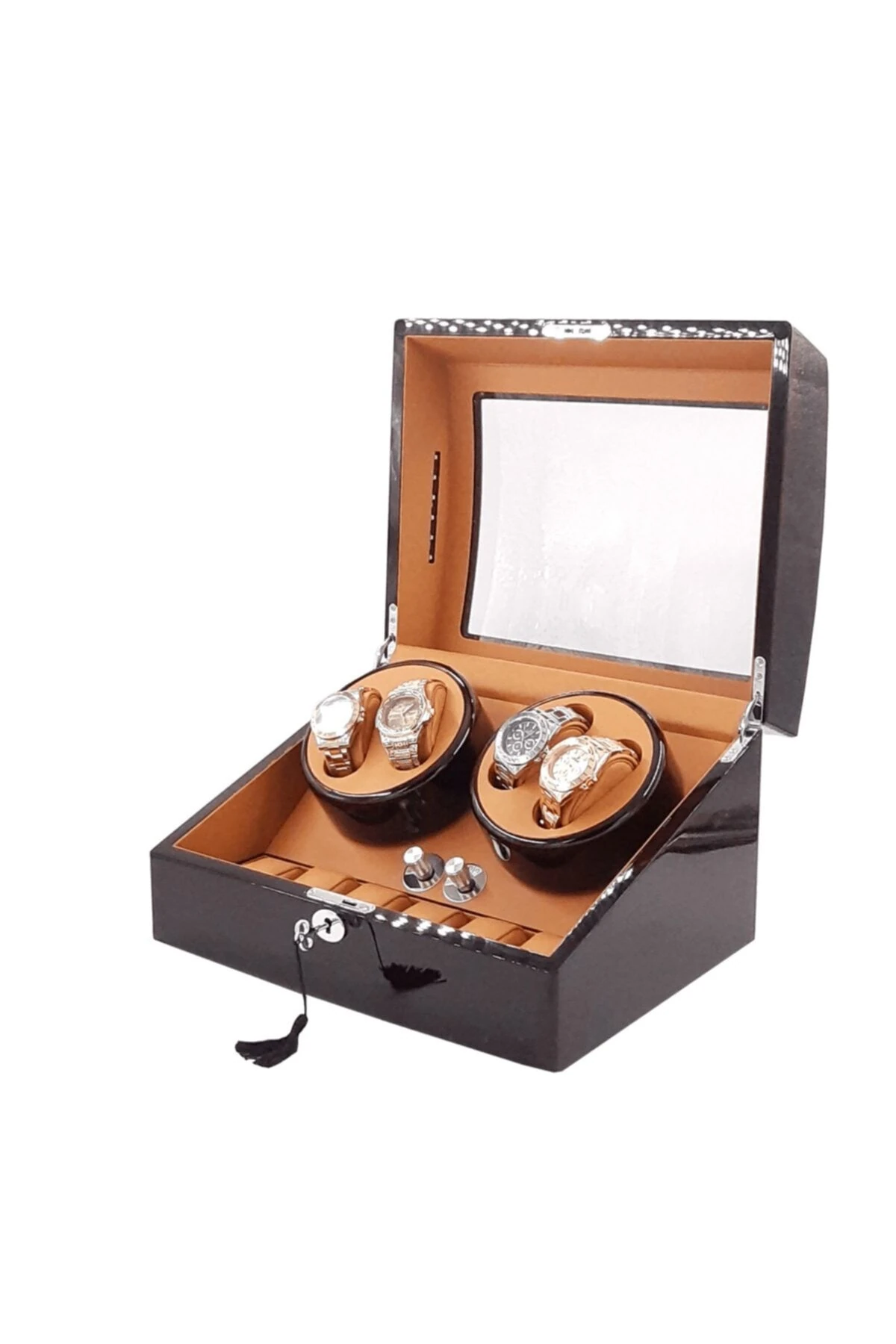 Otomatik Saat Kurma Kutusu, 4+6, piano brown, kahve, taba, LED Aydınlatmalı