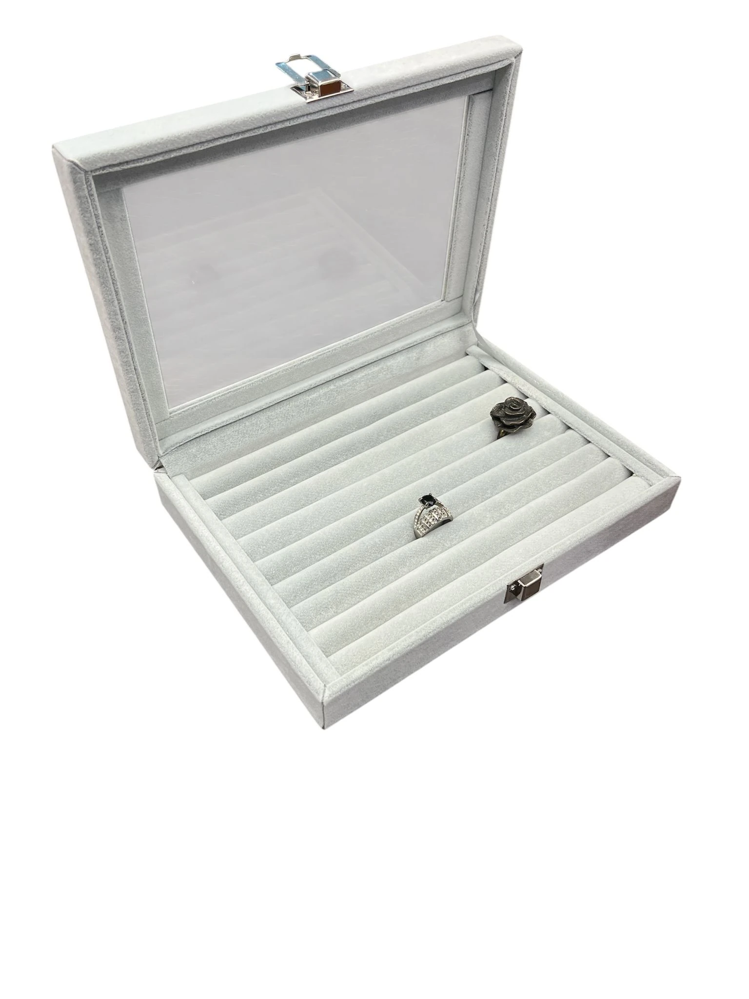 Cam Kapaklı Çok Bölmeli Yüzük Organizer Kutusu- Alcantara Gri