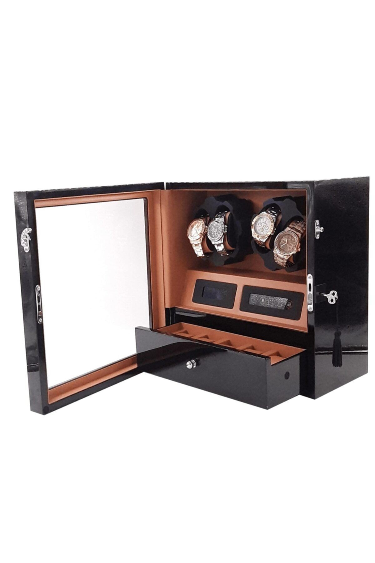 Otomatik Saat Kurma Kutusu 4 5 Siyah Içi Taba Dijital Ekranlı Ve Led Işık Sistemli, Watch Winder