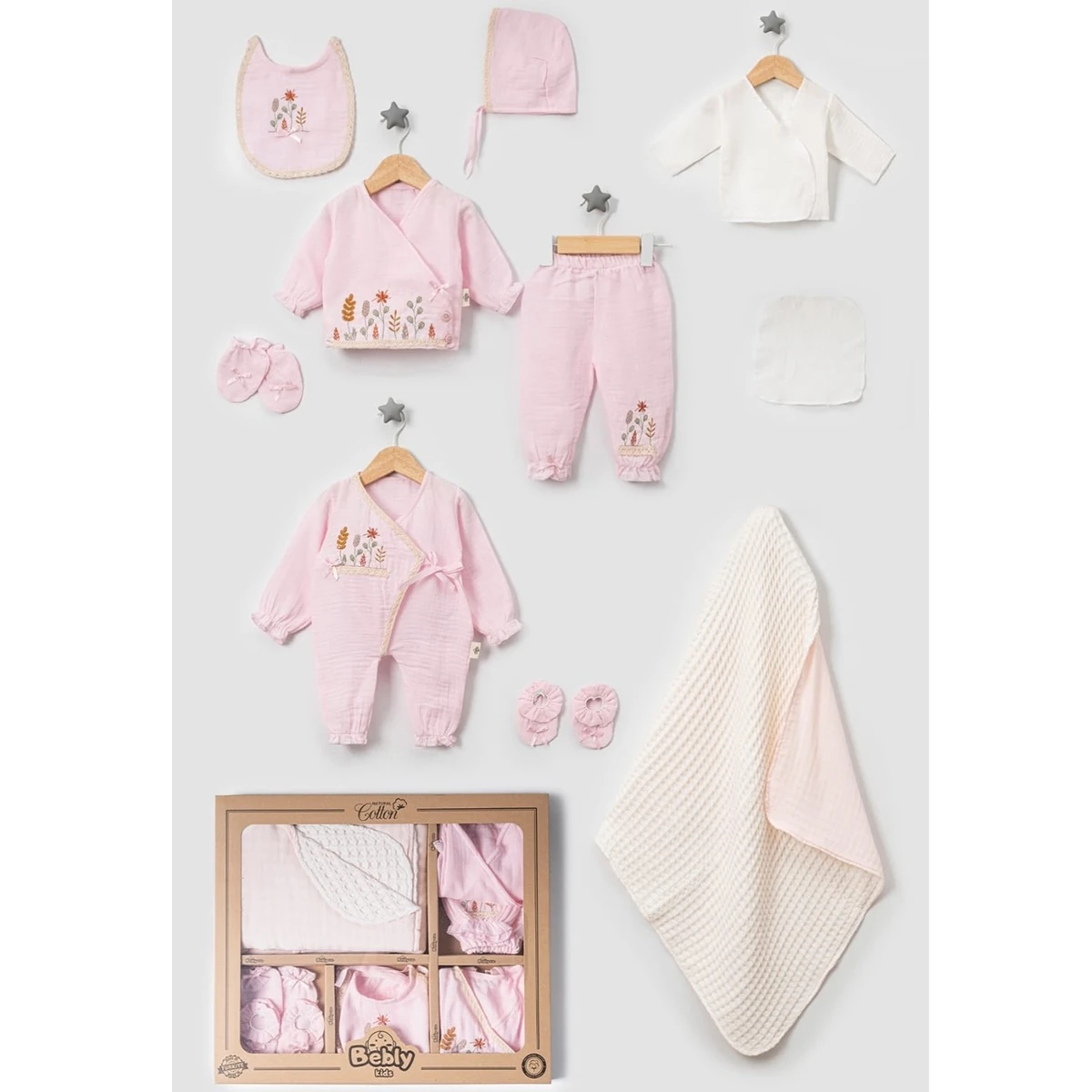 %100 Müslin Çiçek Nakışlı 10’lu Hastane Çıkş Seti