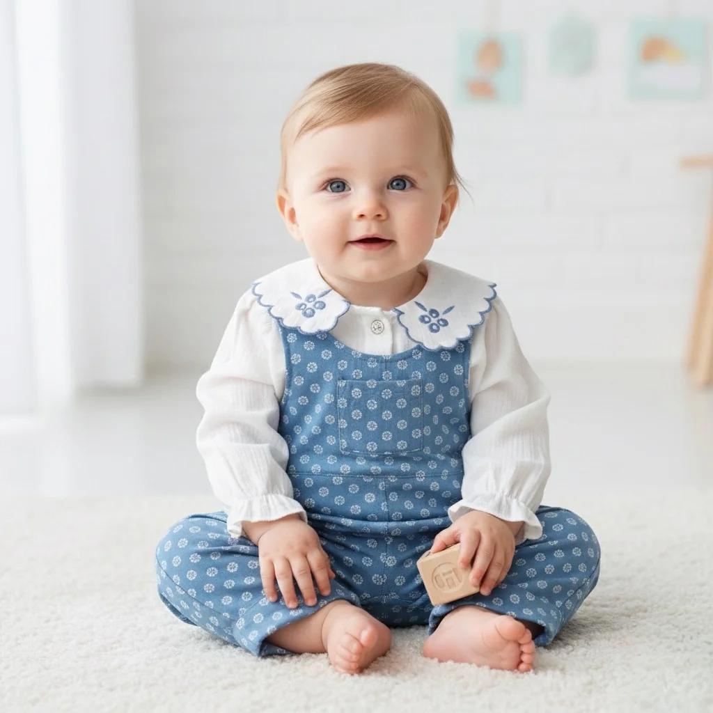 Papatya Nakış İşleme Yaka Detalı Müslin Gömlek- Pamuk Kot Tulum