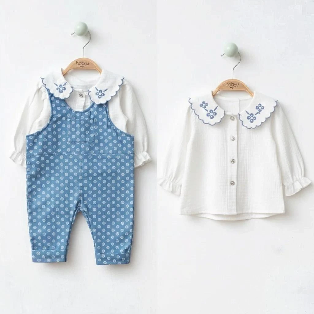 Papatya Nakış İşleme Yaka Detalı Müslin Gömlek- Pamuk Kot Tulum