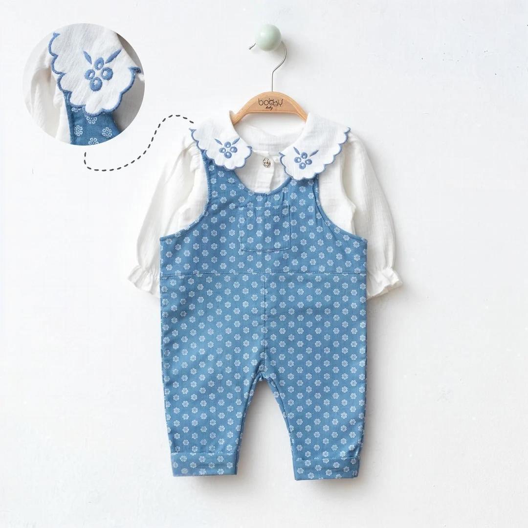 Papatya Nakış İşleme Yaka Detalı Müslin Gömlek- Pamuk Kot Tulum