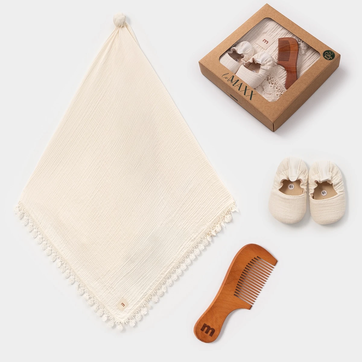 %100 Müslin-Pamuk Kumaş Battaniye-Tarak-Patik Seti