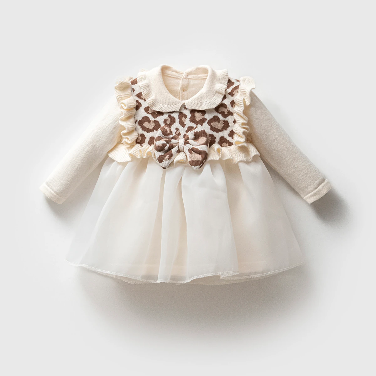 Premium Bej Lisa Organik Pamuk Leopar Desenli Triko Elbise