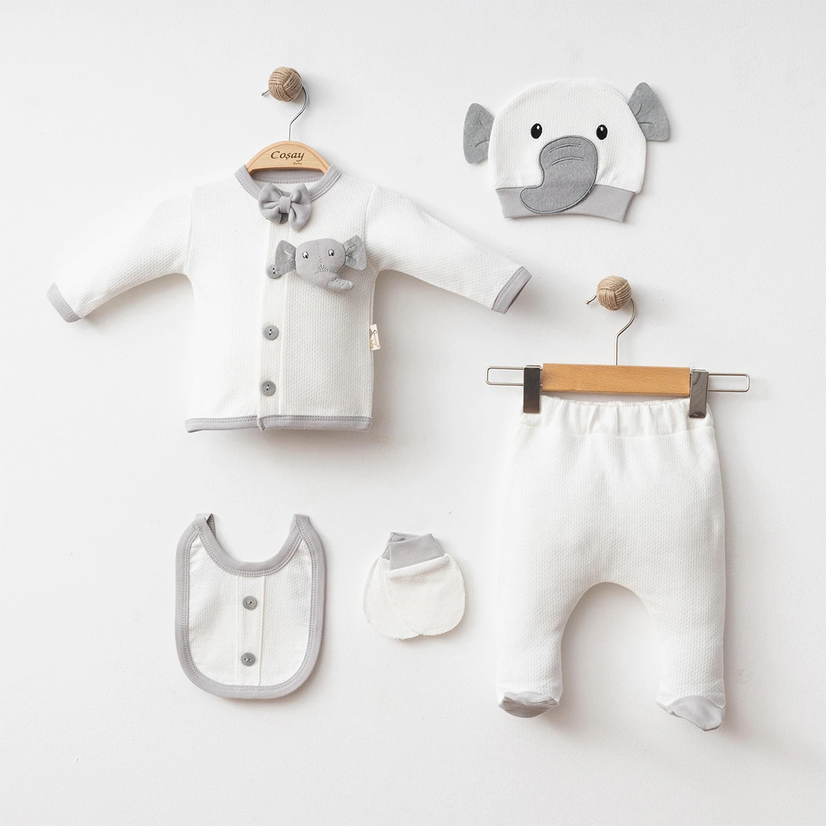 %100 Organik Pamuklu 0-3 Ay Papyonlu Elephant 5’li Set