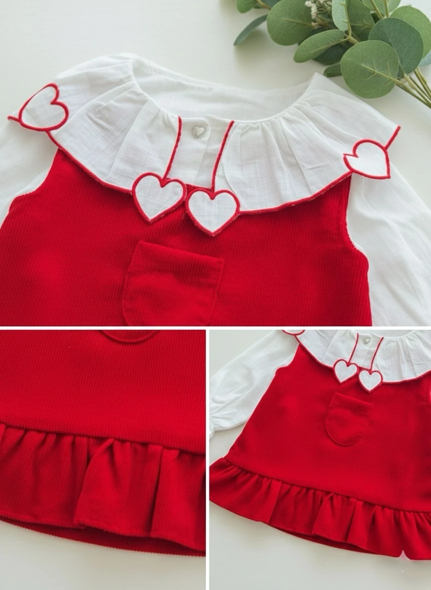 %100 Pamuk Kırmızı Kadife Etekli Gömlek & Jile İkili Şık Bebek Takımı