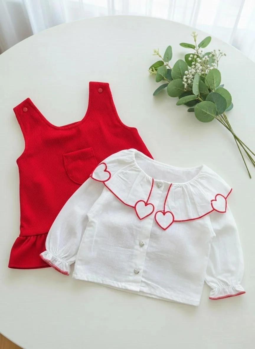 %100 Pamuk Kırmızı Kadife Etekli Gömlek & Jile İkili Şık Bebek Takımı