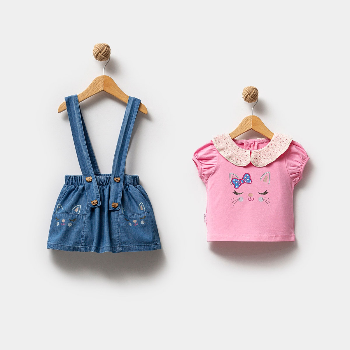 Kedi Desenli Kot Denim 2Li Takım