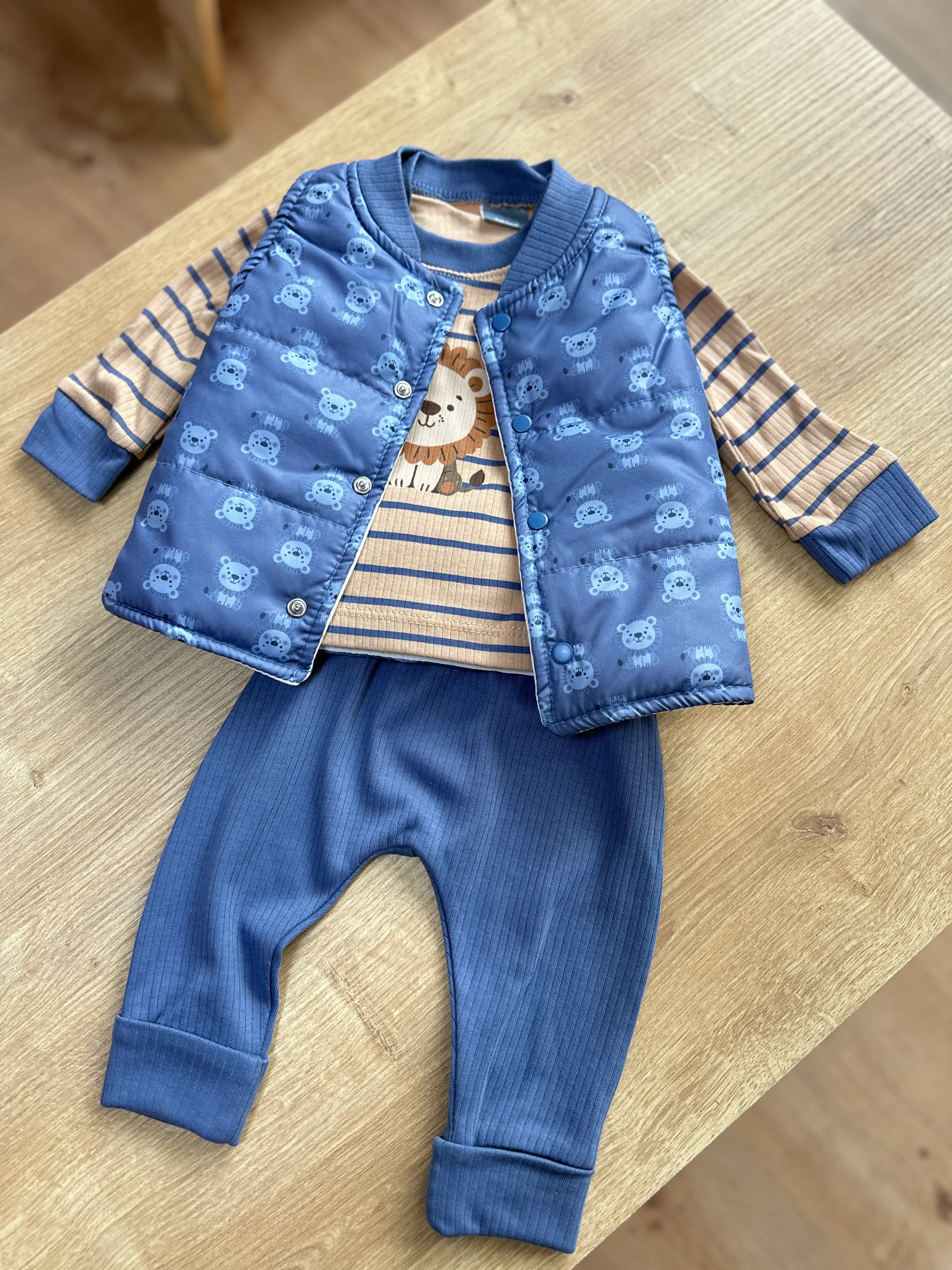 Ayıcıklı Şişme Yelekli Erkek Bebek 3'lü Takım 