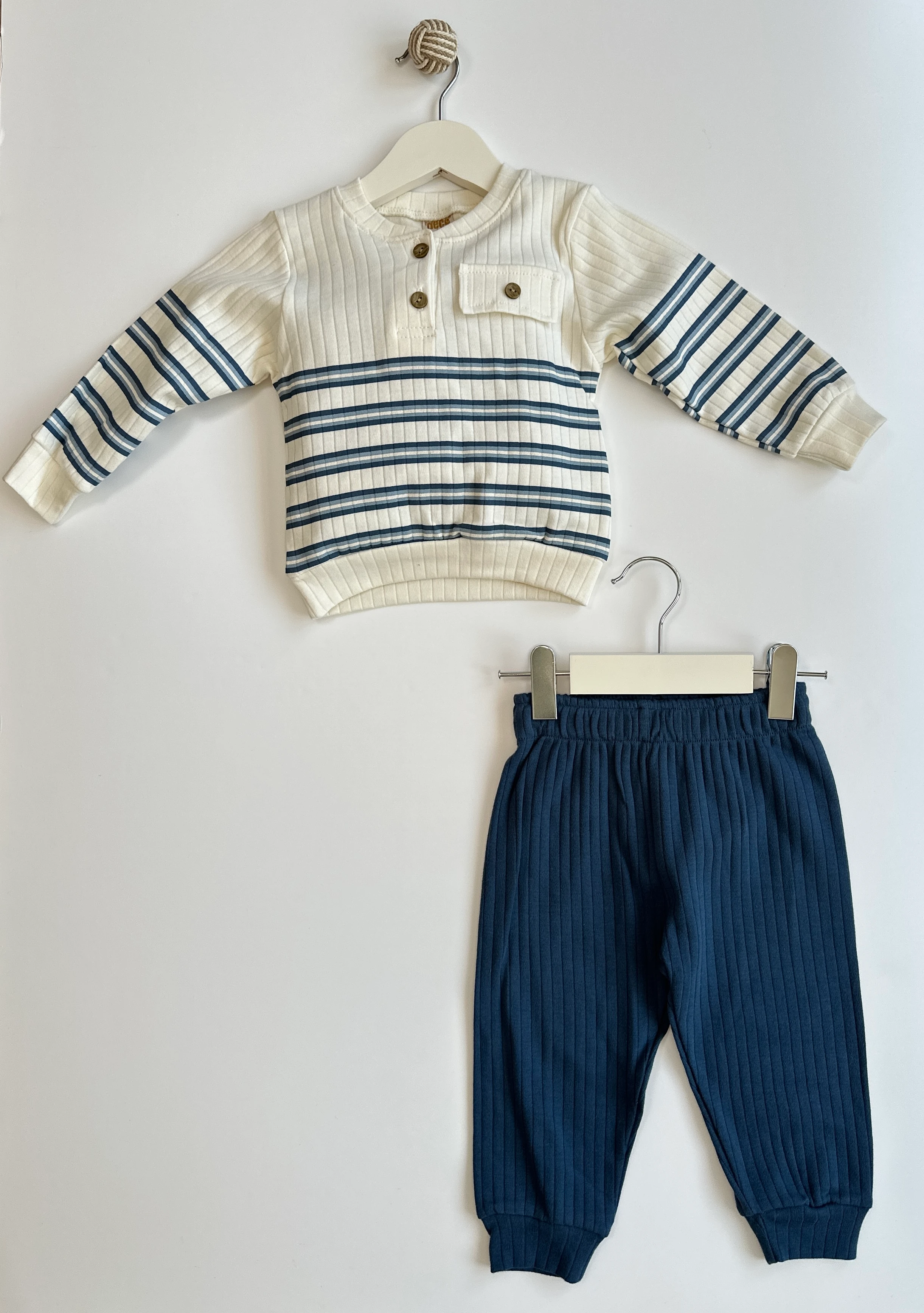 Çizgili Lacivert Erkek Bebek İkili Pamuklu Takım