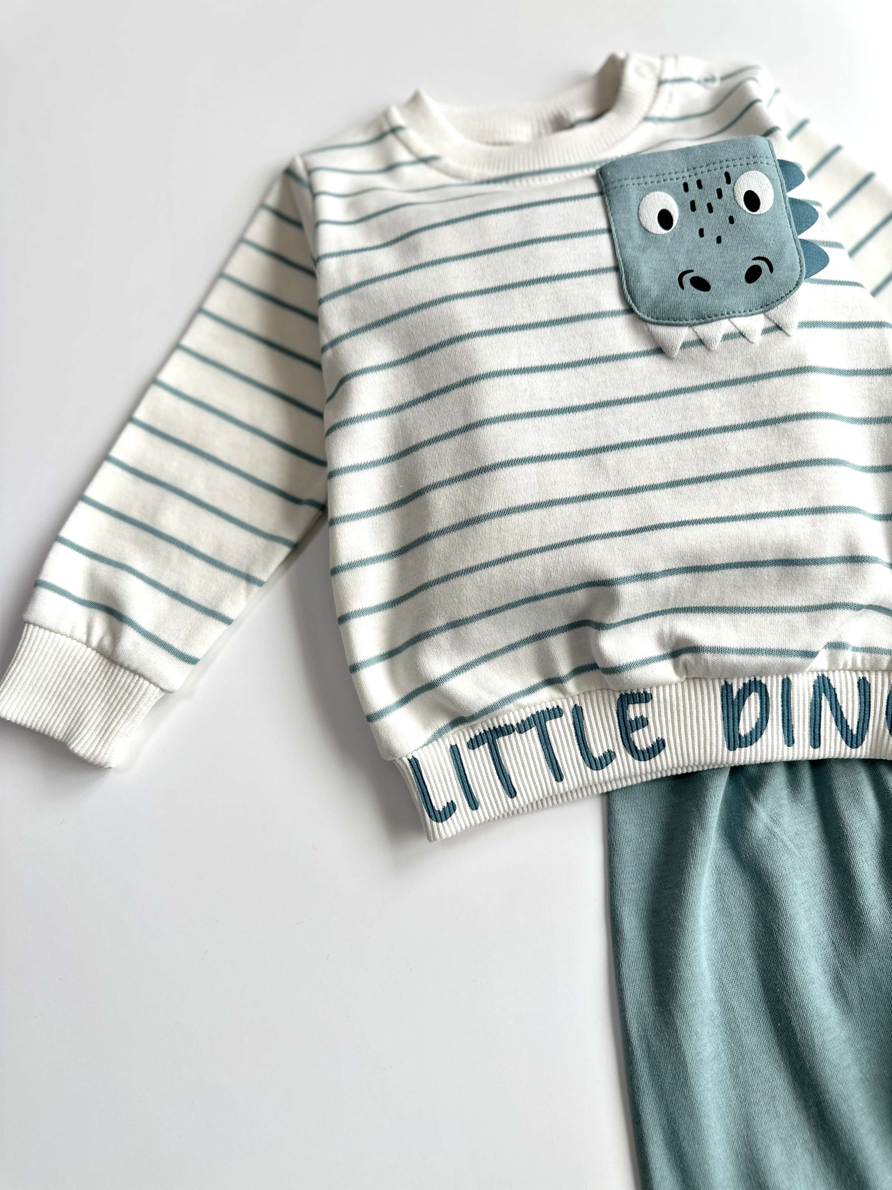 Küçük Dino Çizgili Erkek Bebek İkili Takım