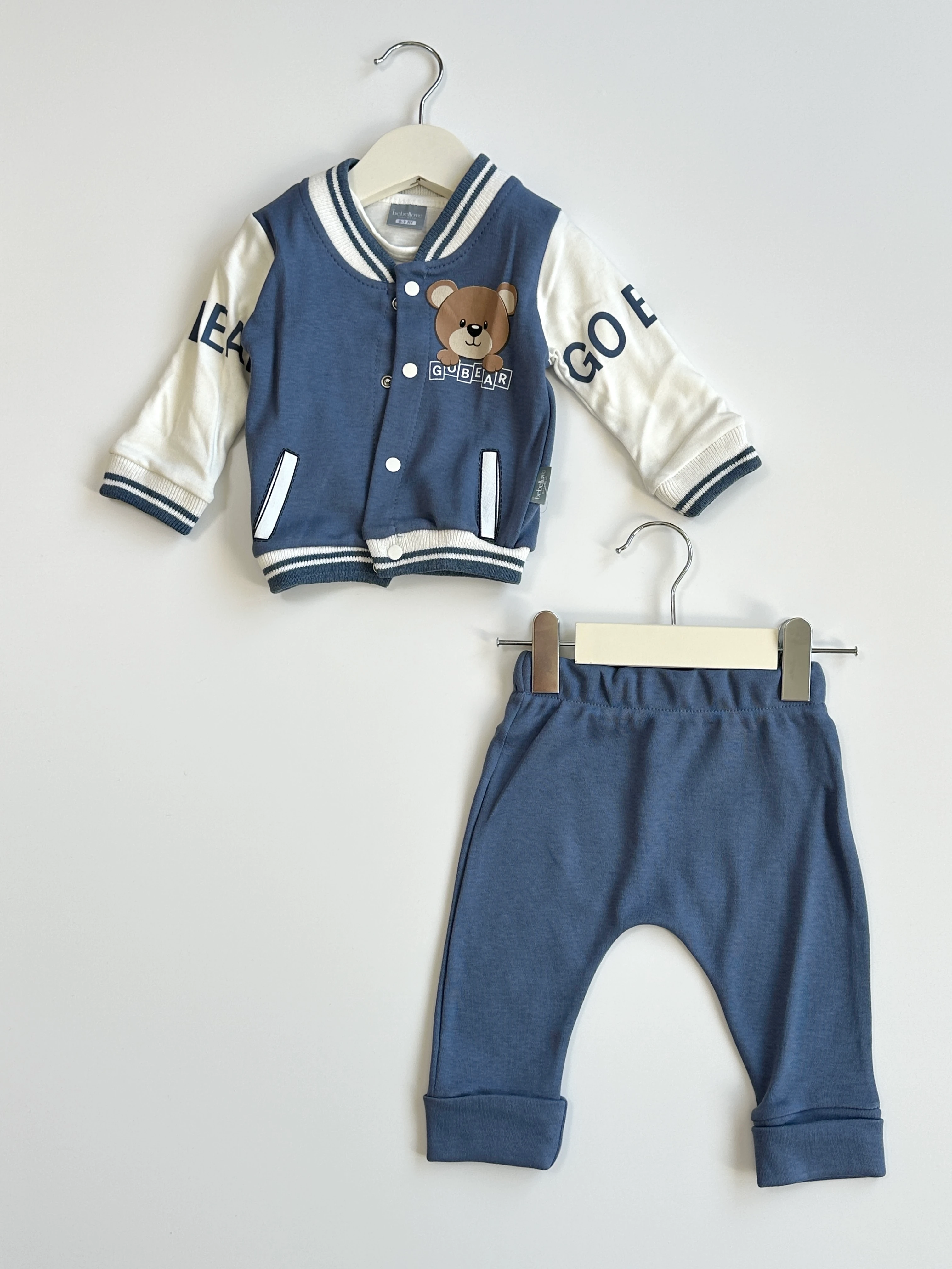 Ayıcık Desenli 3'lü Erkek Bebek Kolej Takım Seti - MAVİ
