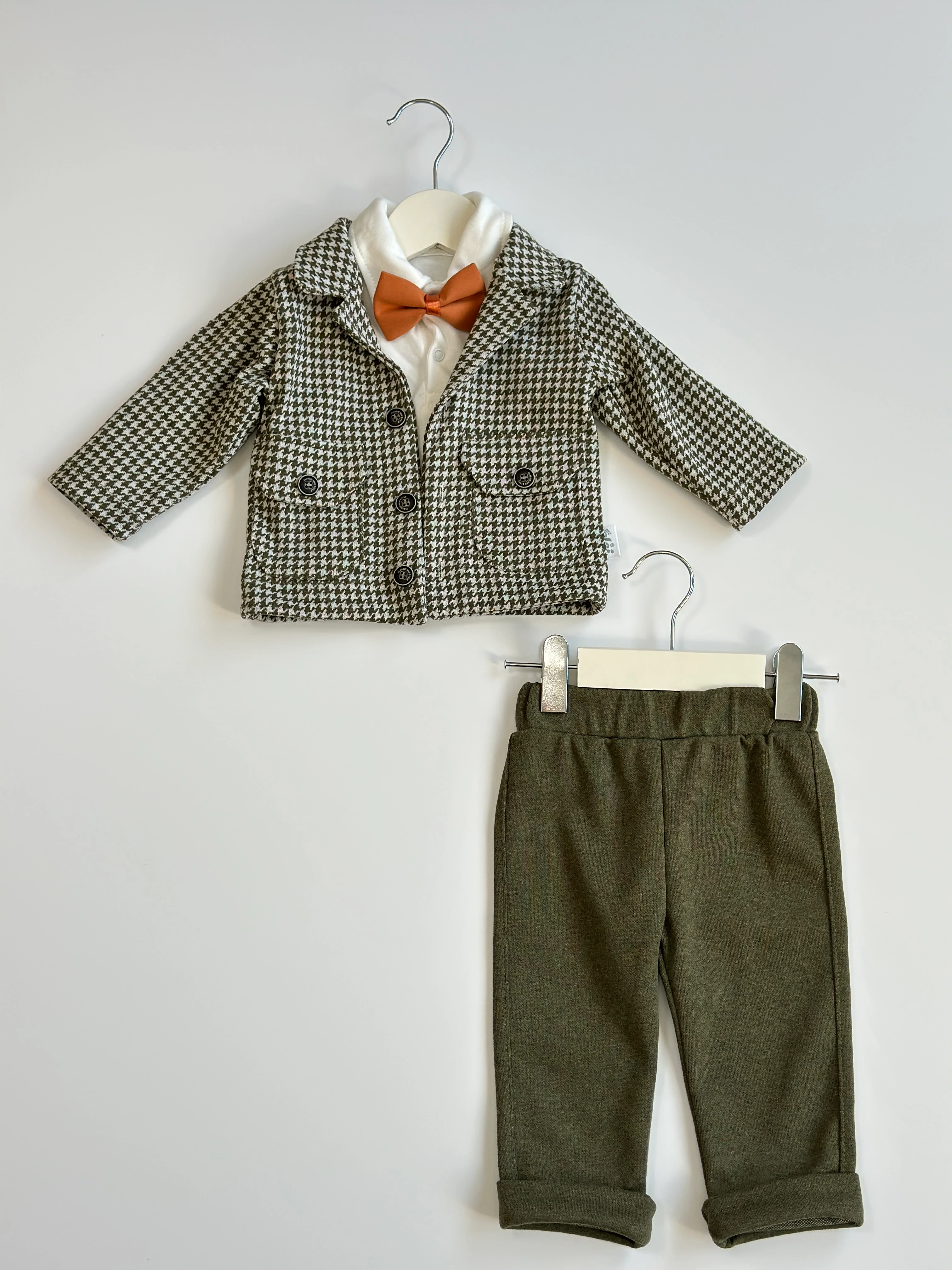 Ekose Ceketli Erkek Bebek 3'lü Papyonlu Takım Set