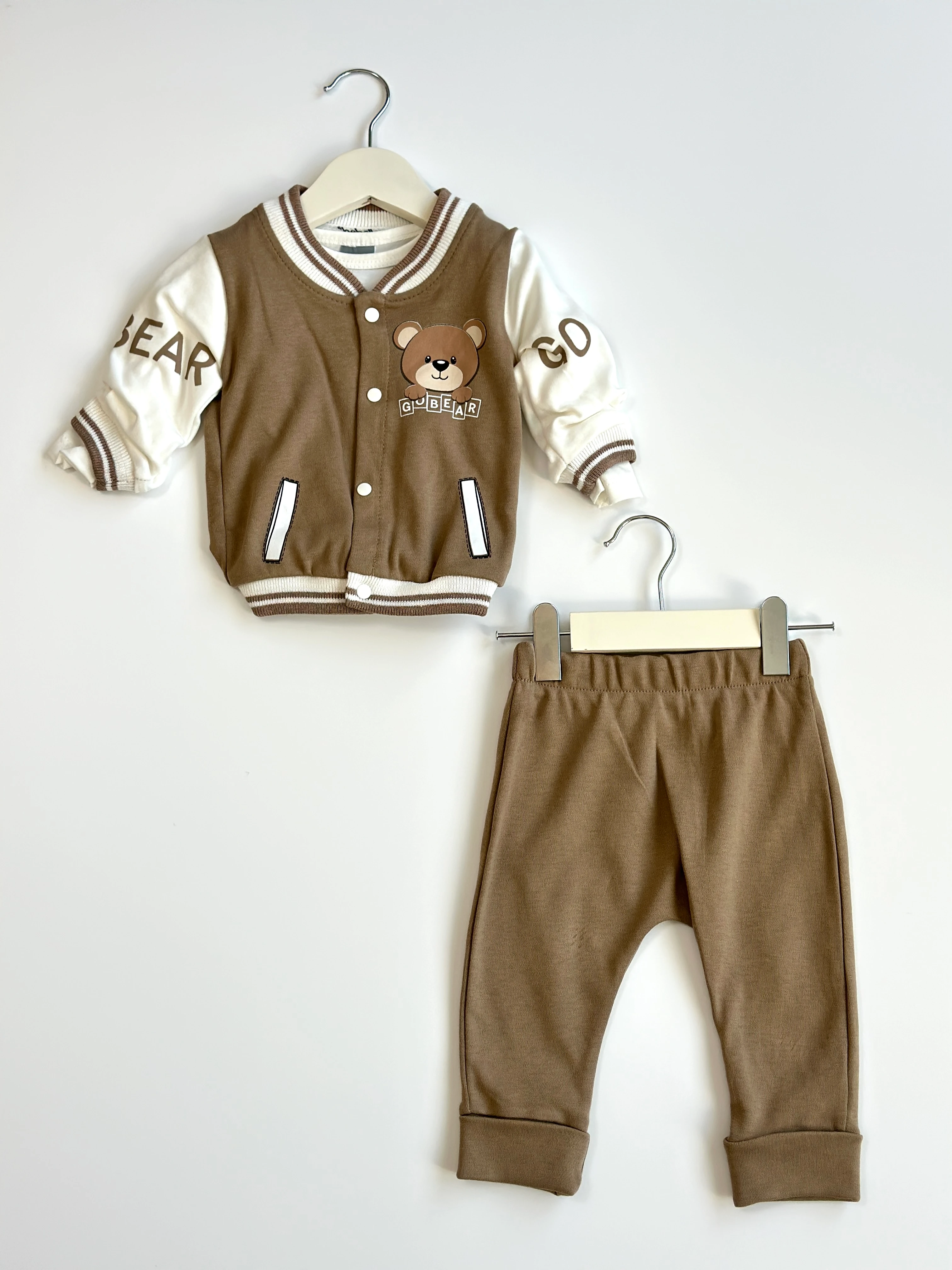 Ayıcık Desenli 3'lü Erkek Bebek Kolej Takım Seti