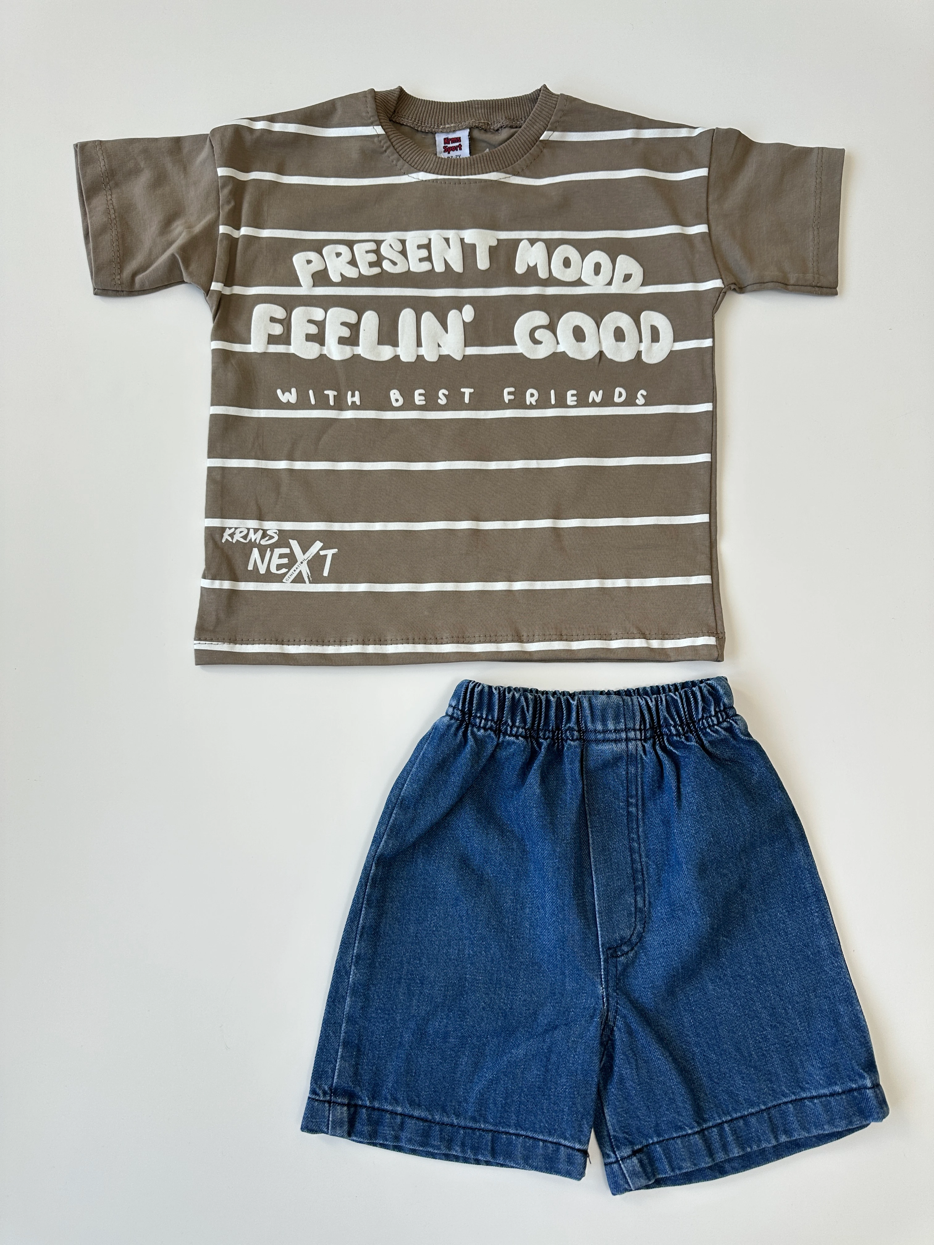 Vizon Çizgili Denim Şortlu Erkek Çocuk Takımı