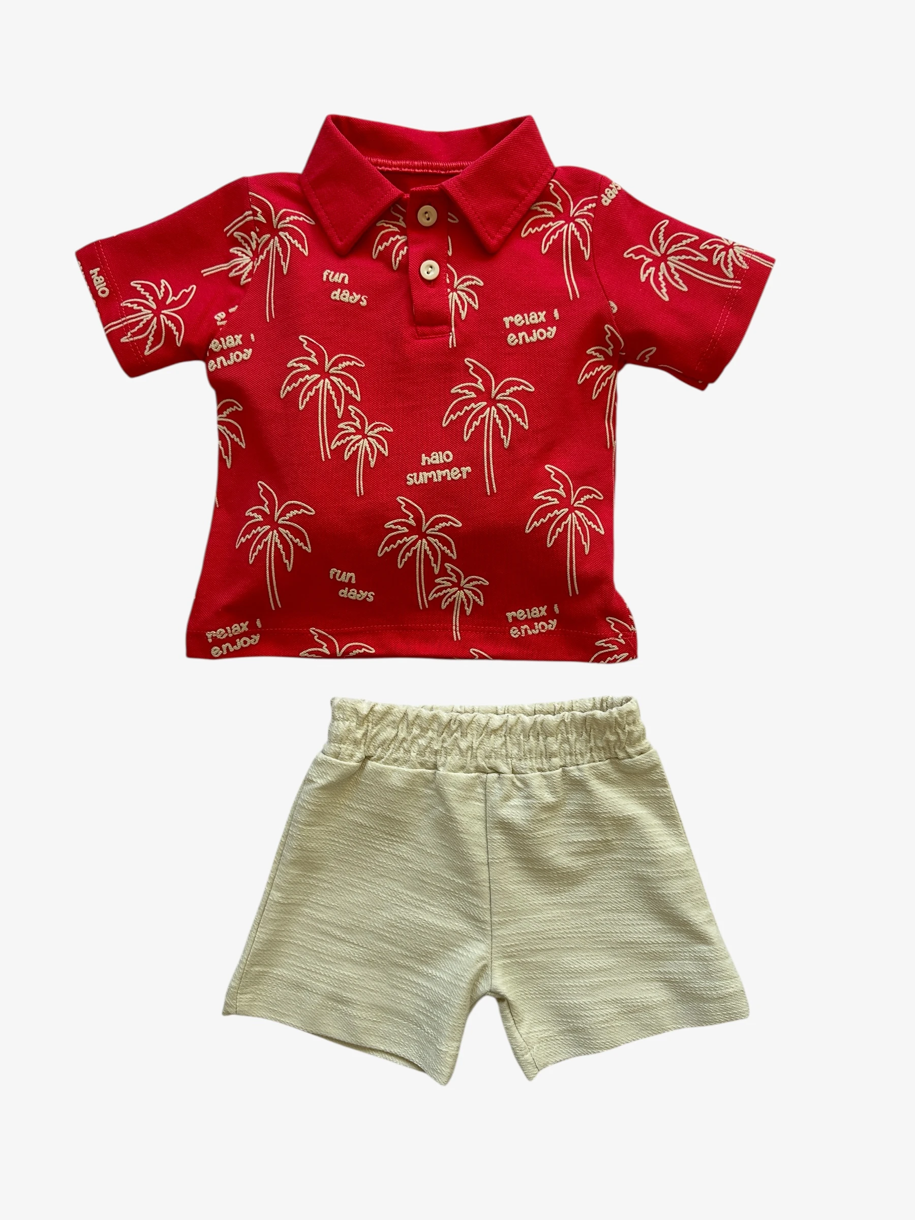 Palmiyeli Kırmızı Şortlu Erkek Bebek İkili Takım
