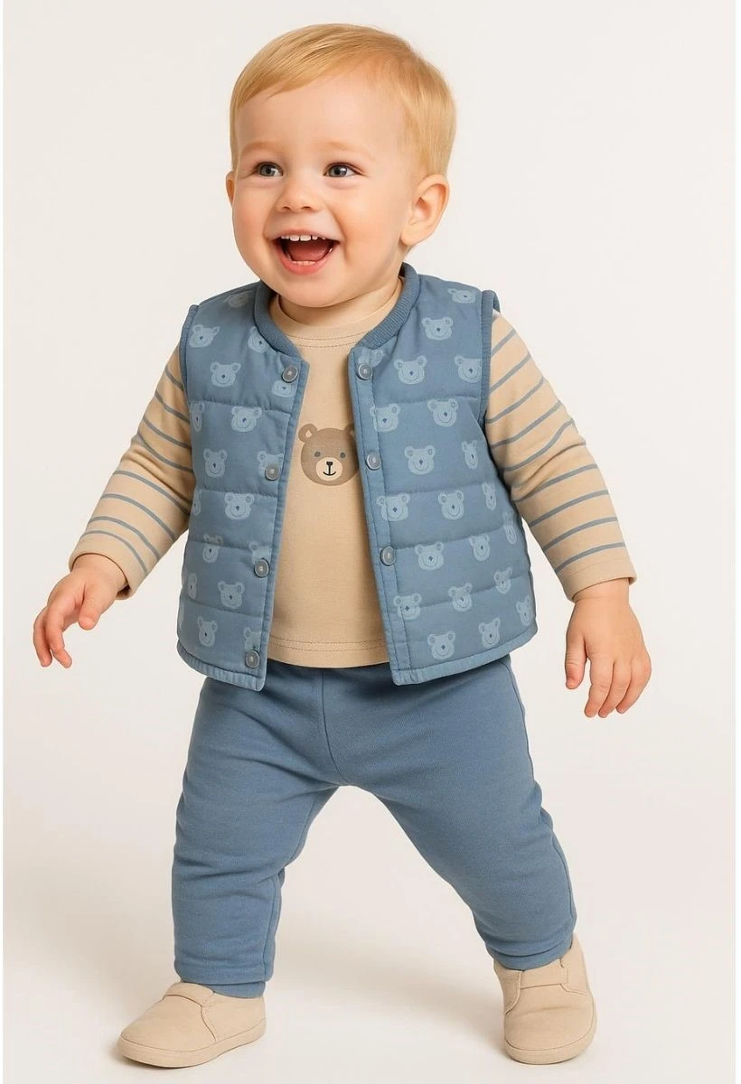 Ayıcıklı Şişme Yelekli Erkek Bebek 3'lü Takım 