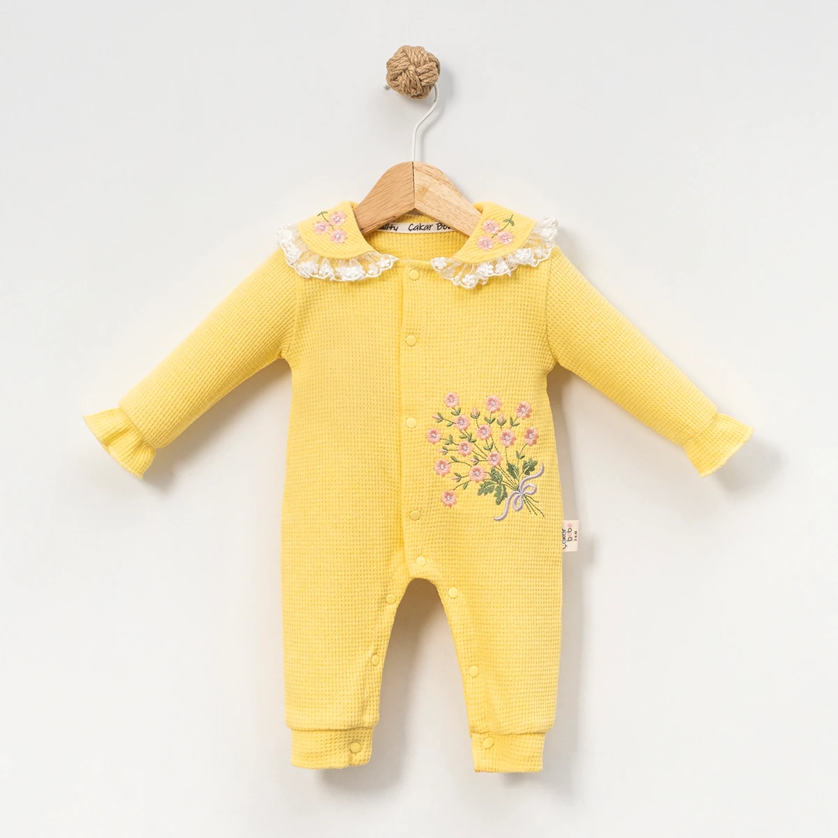 Dantel Yakalı Kız Bebek Sarı Tulum