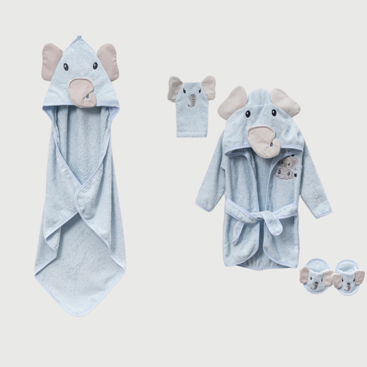 Fil Desenli 4'lü Bebe Banyo Bornoz Seti