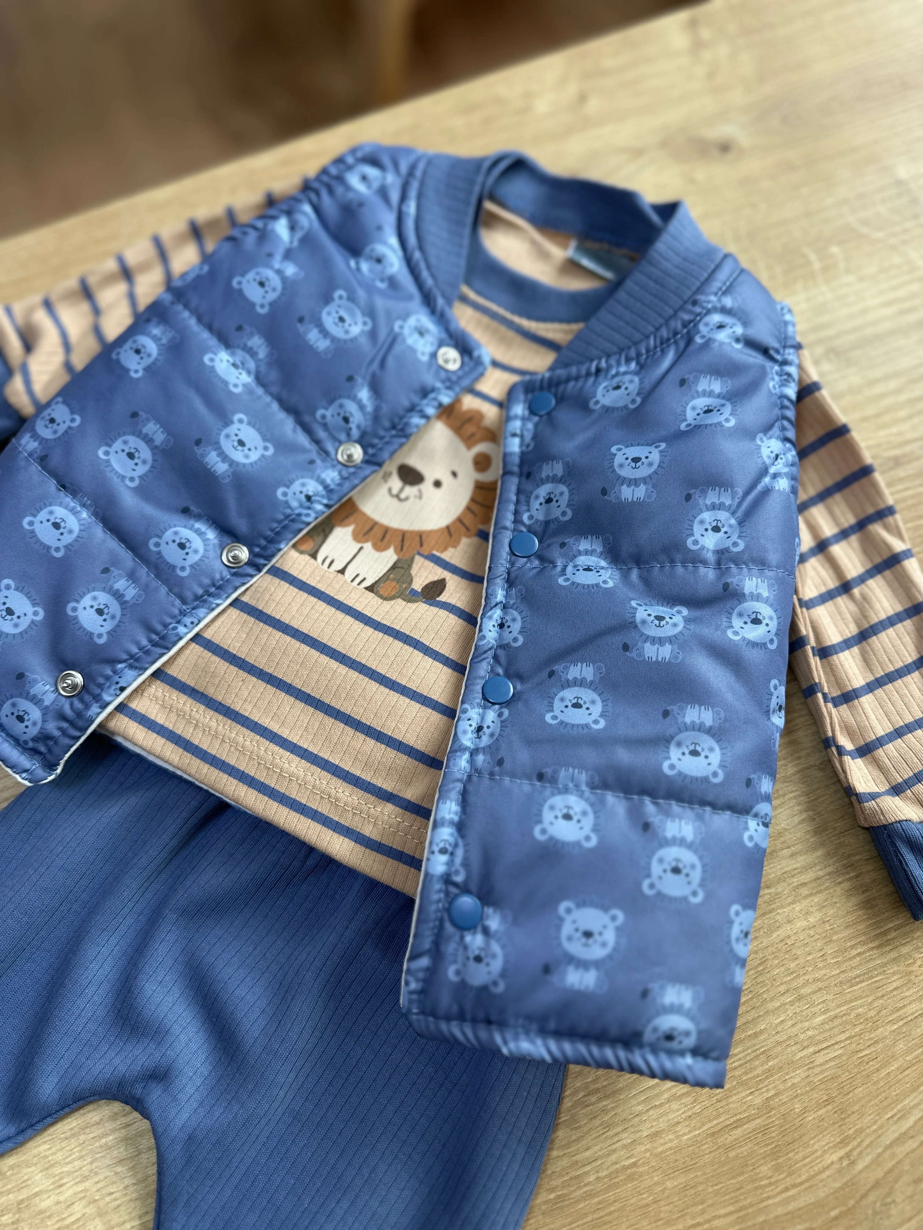 Ayıcıklı Şişme Yelekli Erkek Bebek 3'lü Takım 