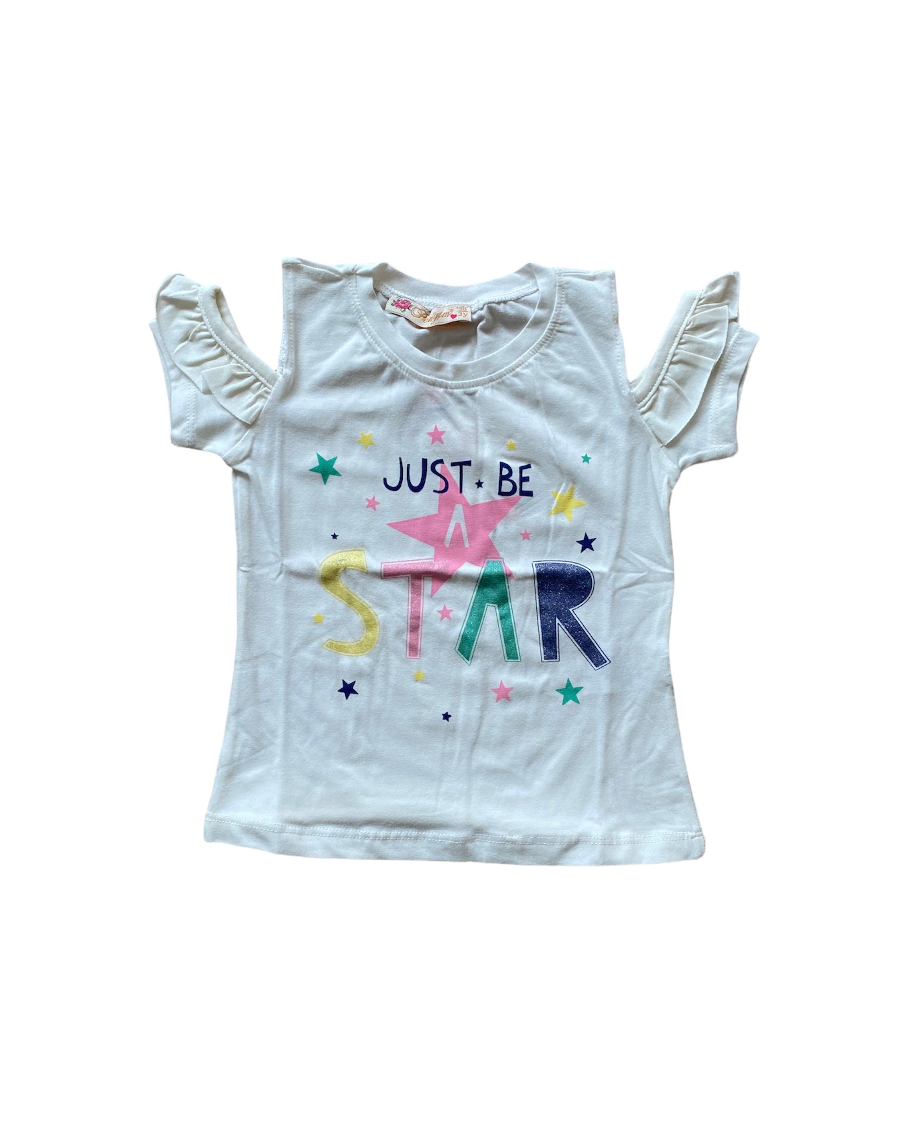 Star Baskılı Kolları Fırfır Detaylı Kız Çocuk T-shirt 