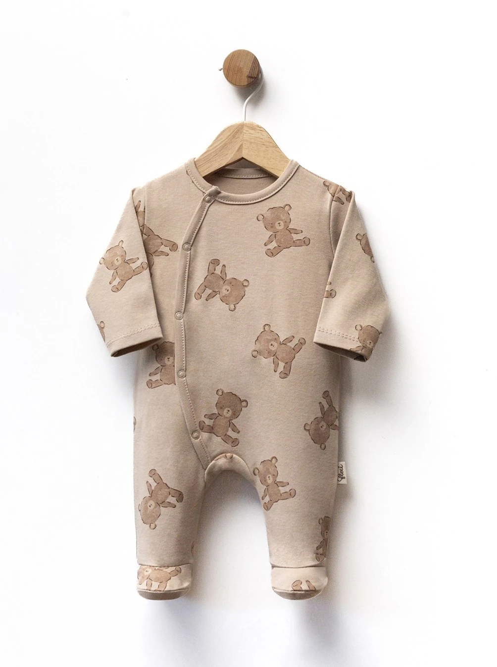 Ayıcık Desenli Kahve Erkek Bebek Önden Çıtcıtlı Patikli Tulum 