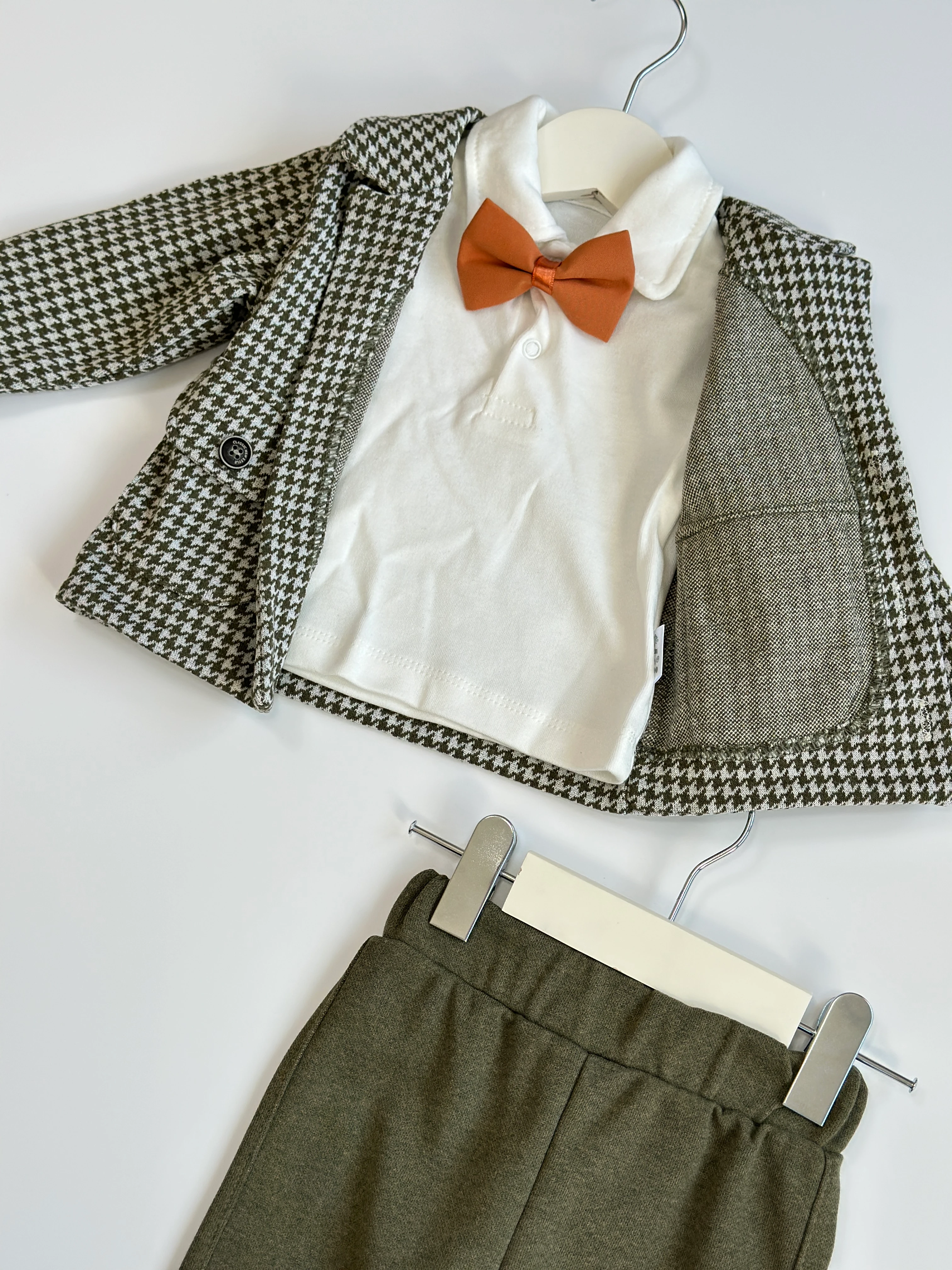 Ekose Ceketli Erkek Bebek 3'lü Papyonlu Takım Set