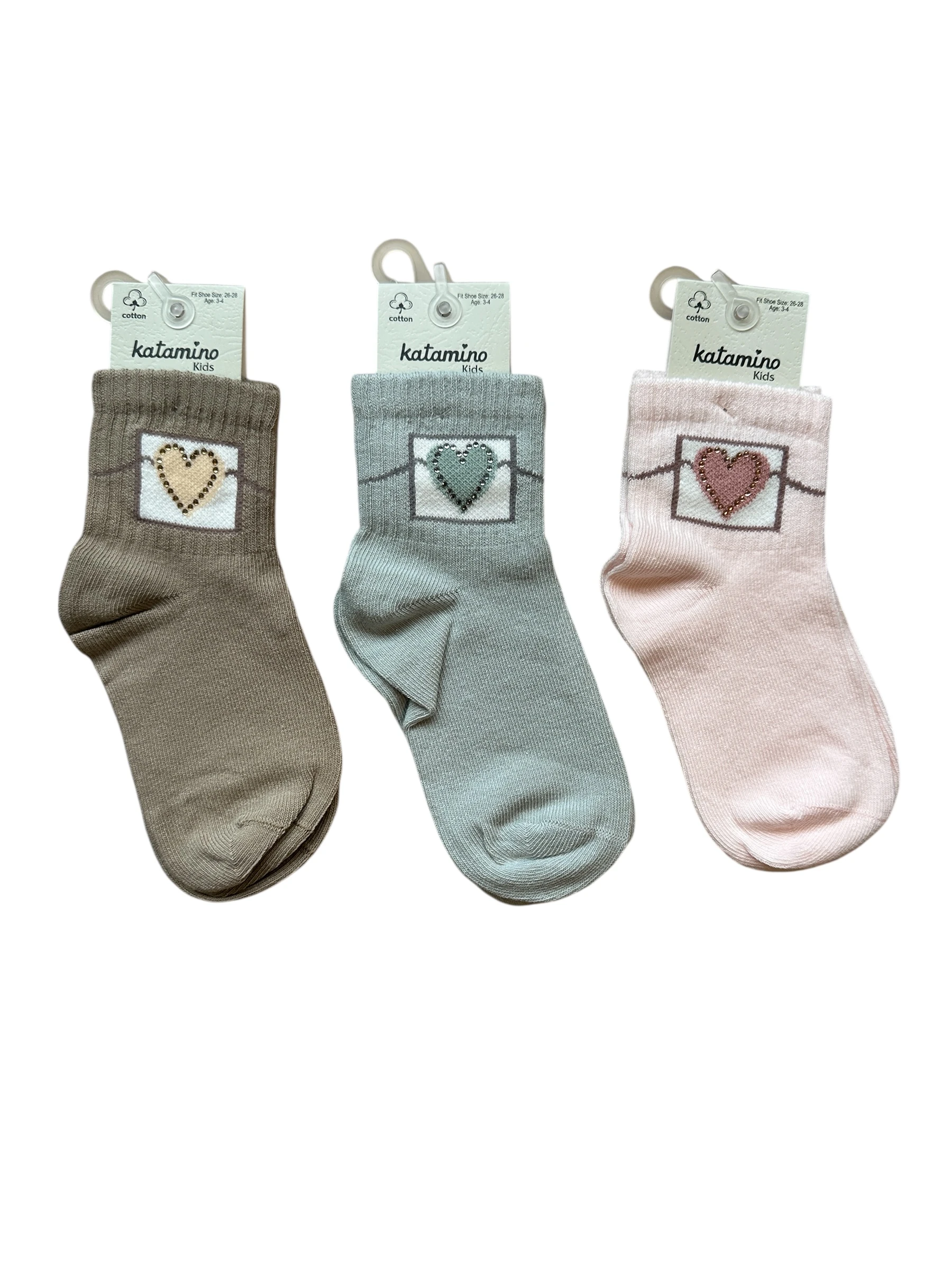 Kalp Desenli Taşlı 3'lü Soket Çorap Seti RENKLİ