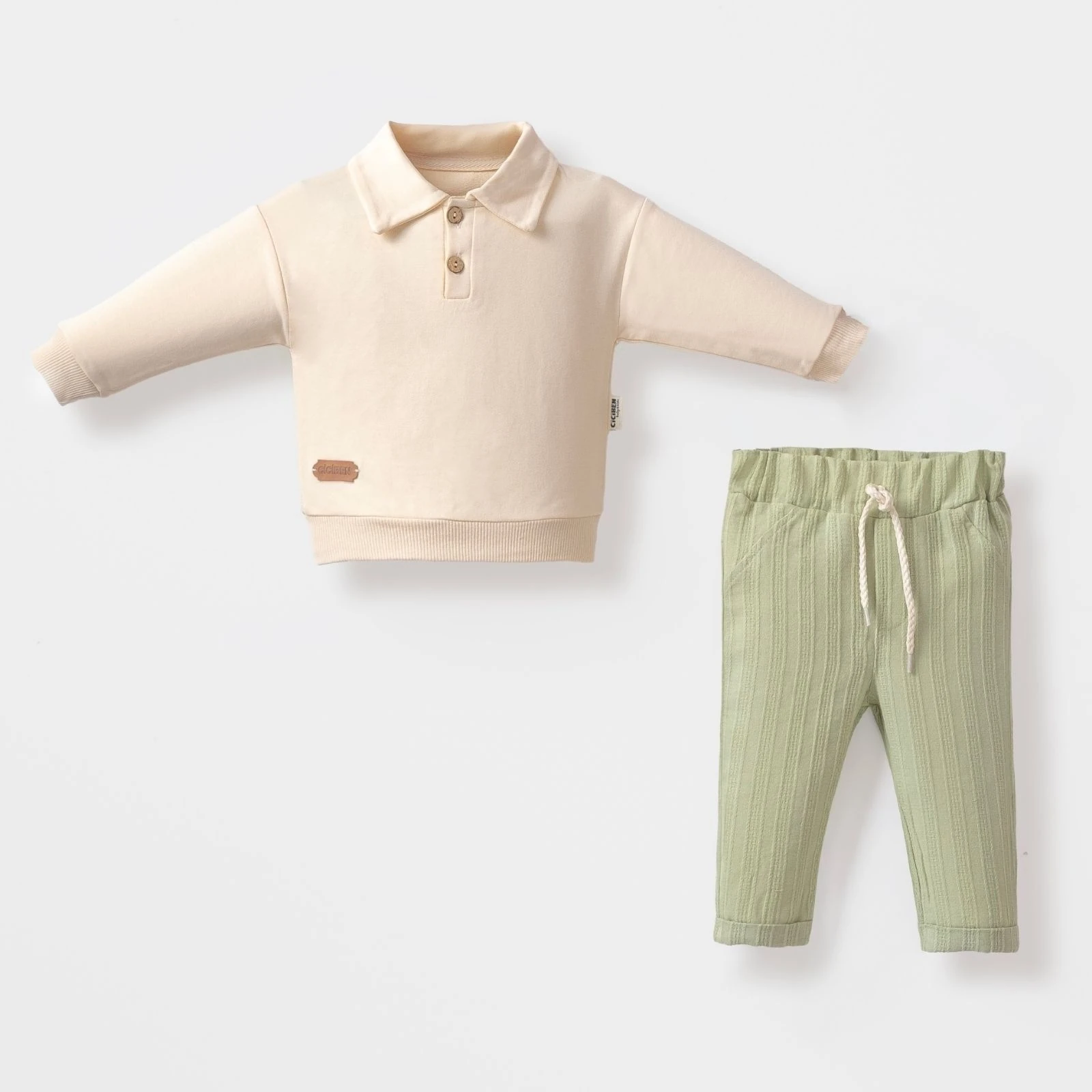 Yaka Düğmeli Erkek Bebek Keten Pantolonlu Takım - Yeşil 
