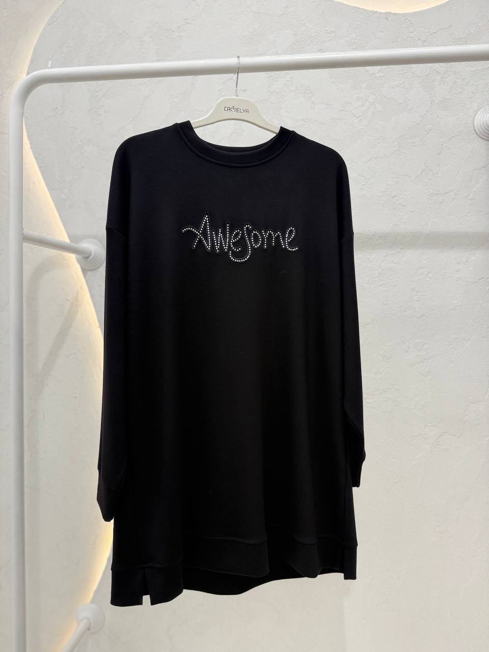 Oysho Kumaş Taş İşlemeli Rahat Kesim Yan Yırtmaçlı Tunik - Siyah