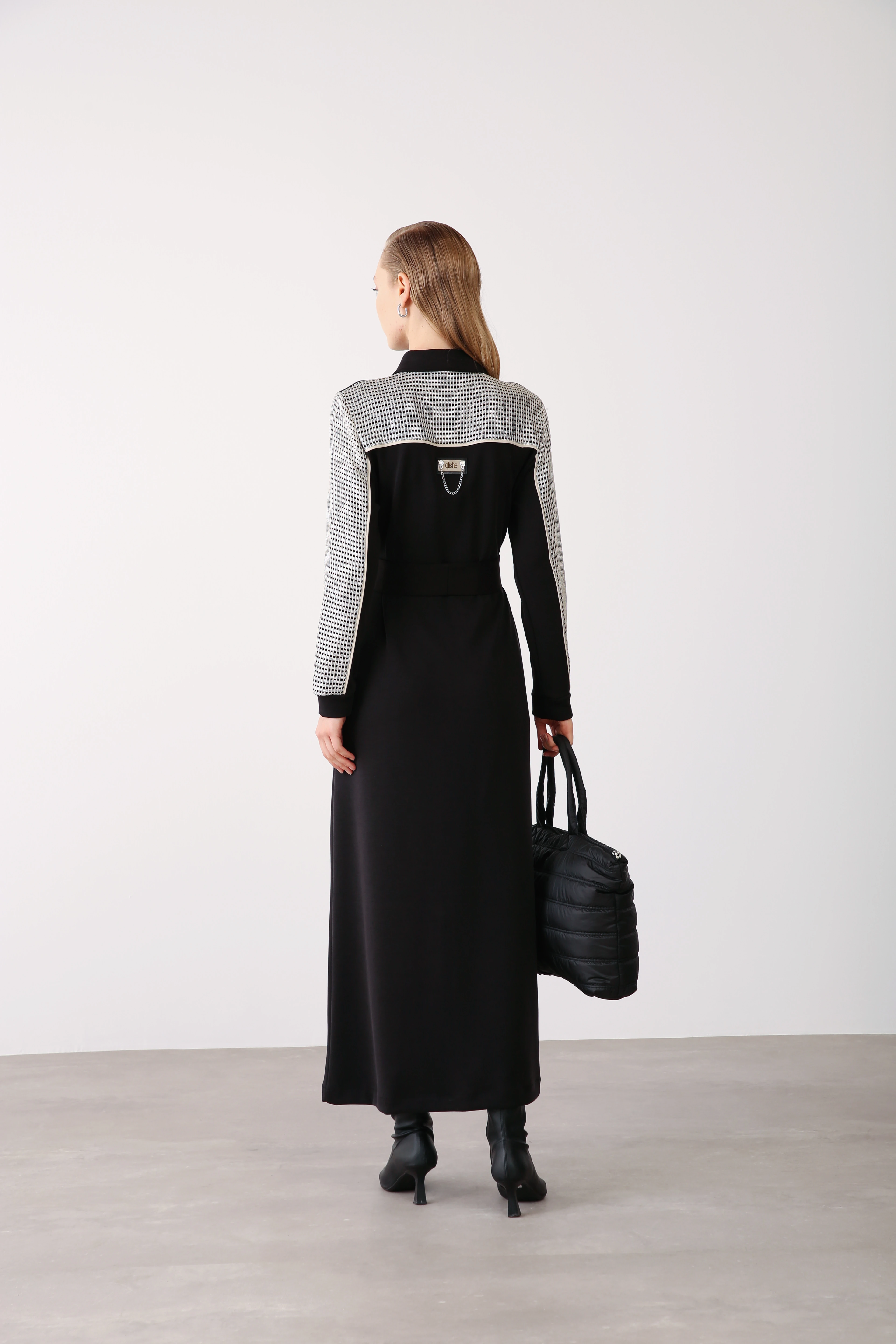 Desenli File Detaylı Yelek ve Elbise İkili Takım