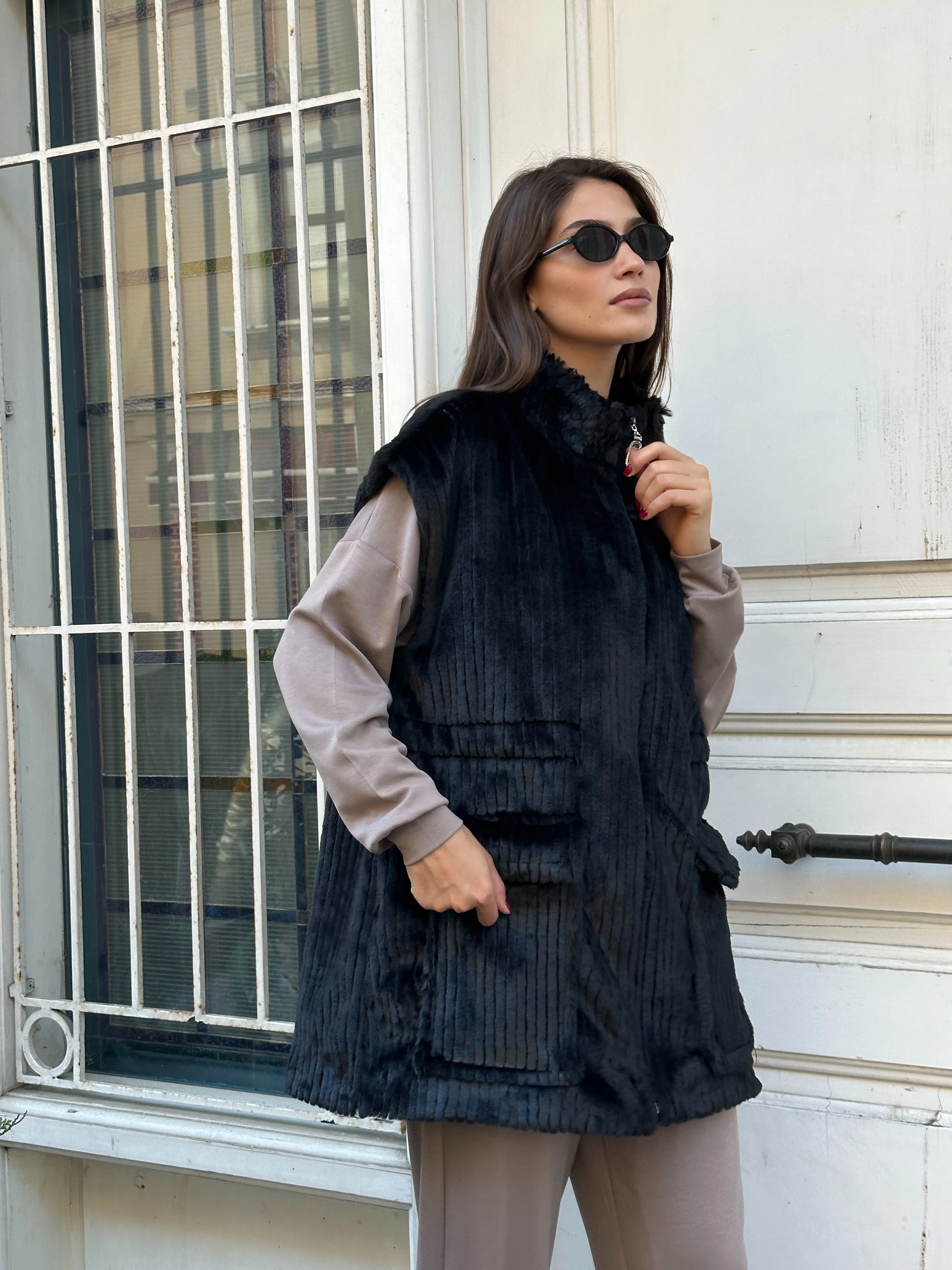 Peluş Fitilli Cepli Fermuarlı Yelek