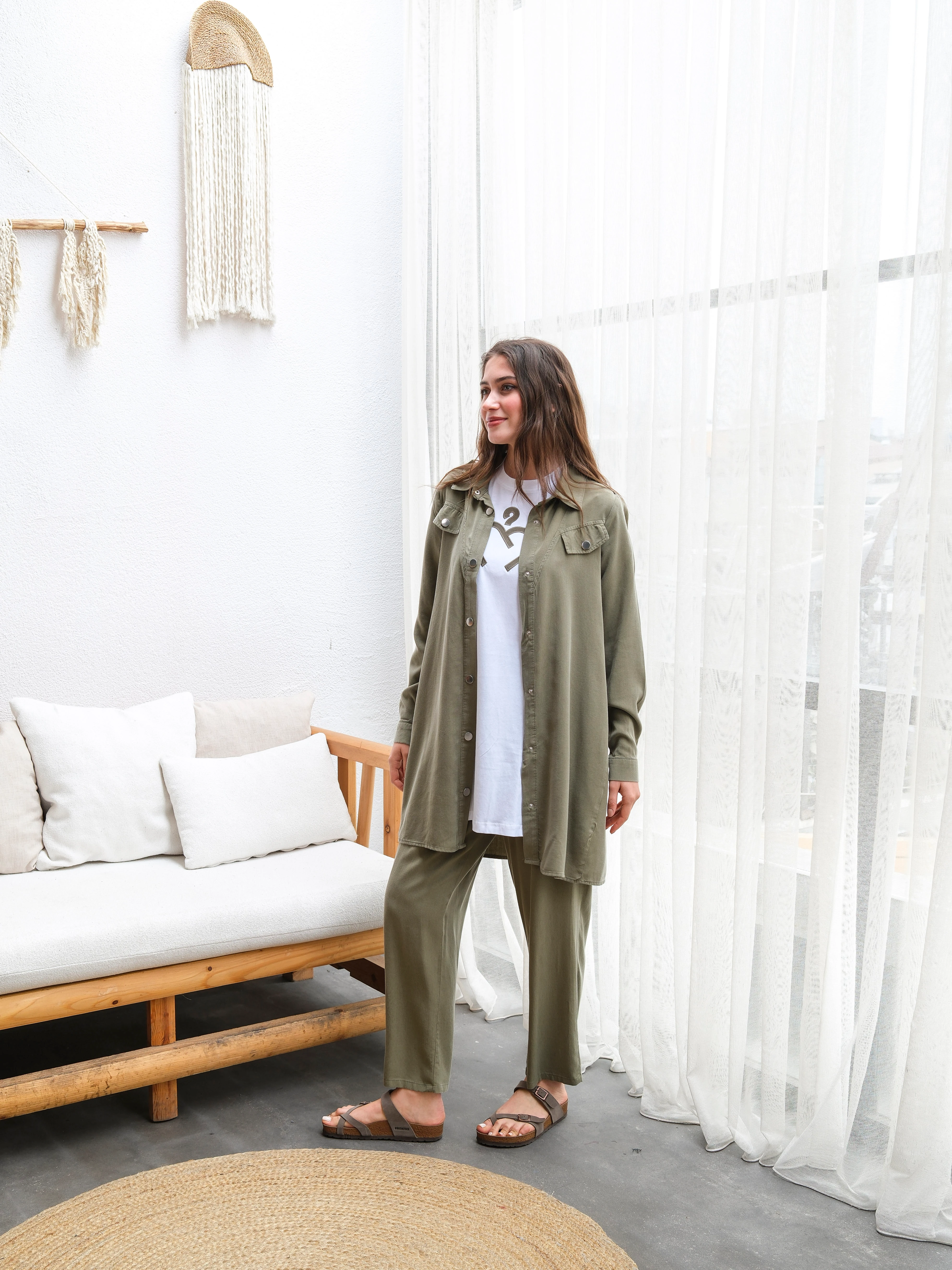 Büyük Beden Tensel Yumuşak Kumaş Rahat Kesim Üçlü Takım - Haki