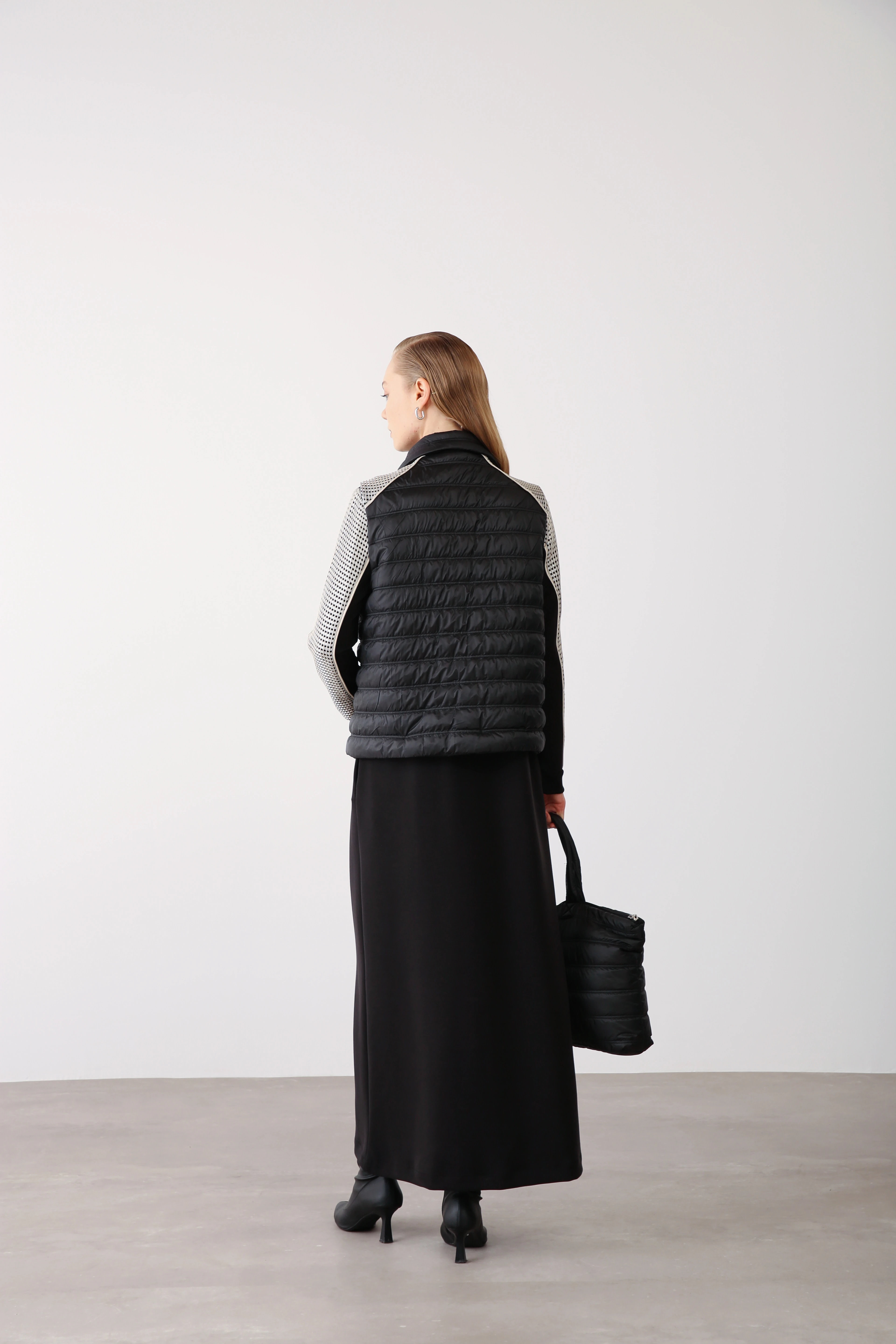 Desenli File Detaylı Yelek ve Elbise İkili Takım