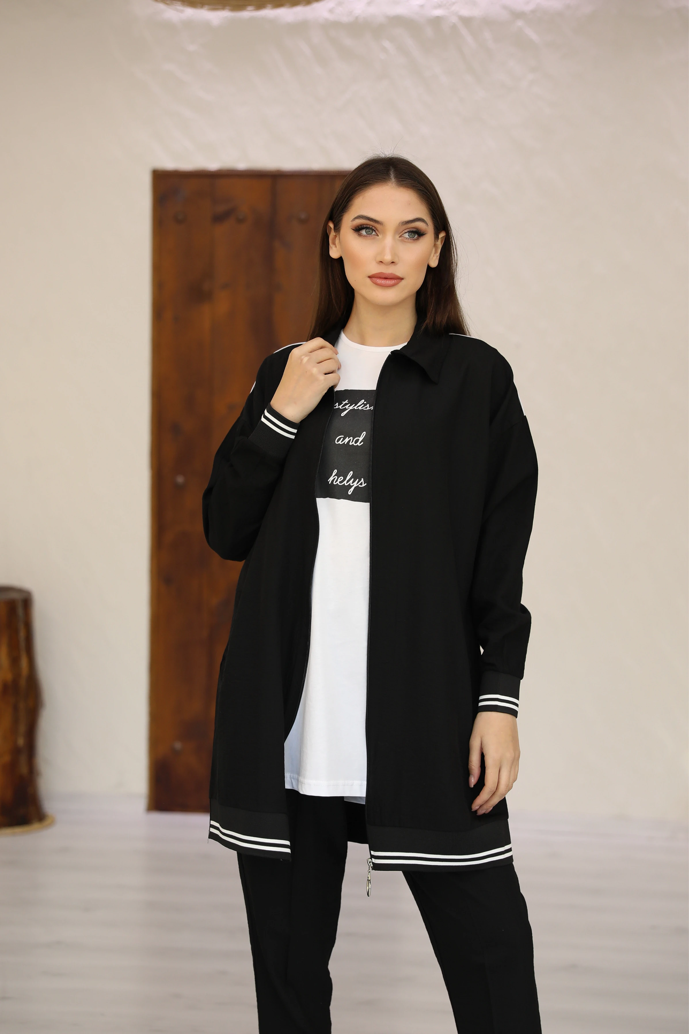 Büyük Beden Şerit Detaylı Fermuarlı Uzun Ceketli Üçlü Takım