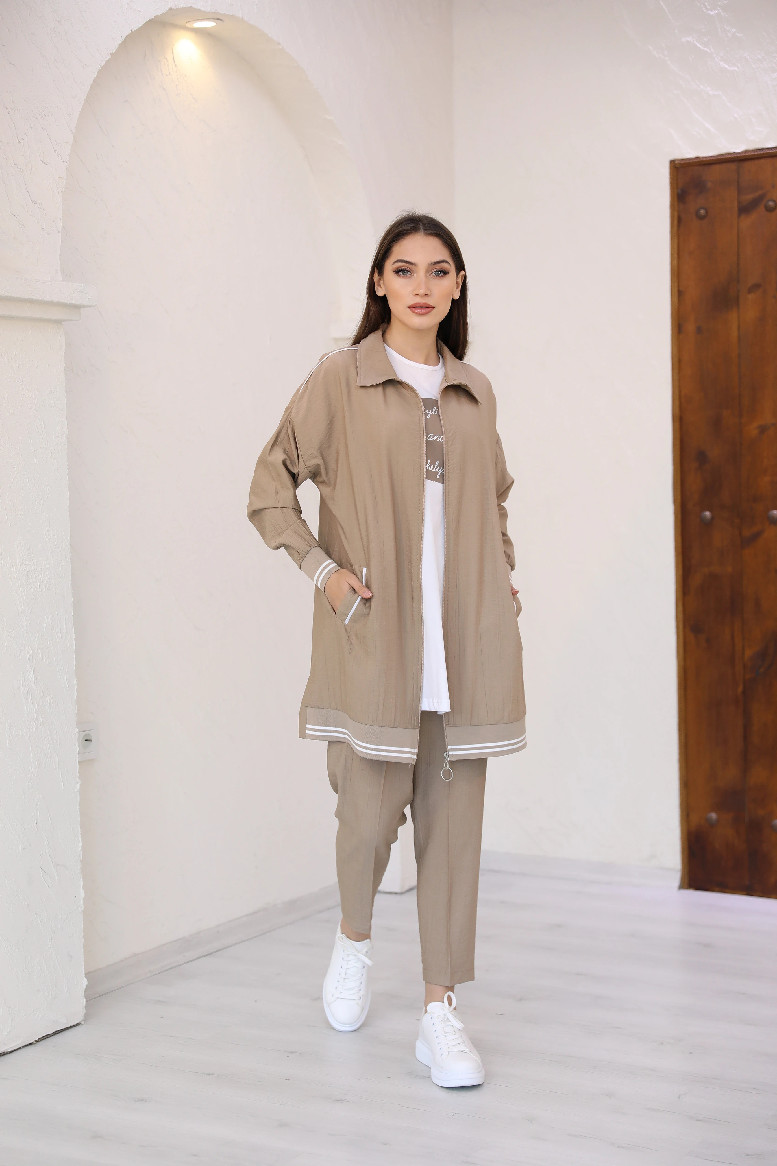 Alice Kumaş Ribana Detaylı Fermuarlı Üçlü Takım - Vizon