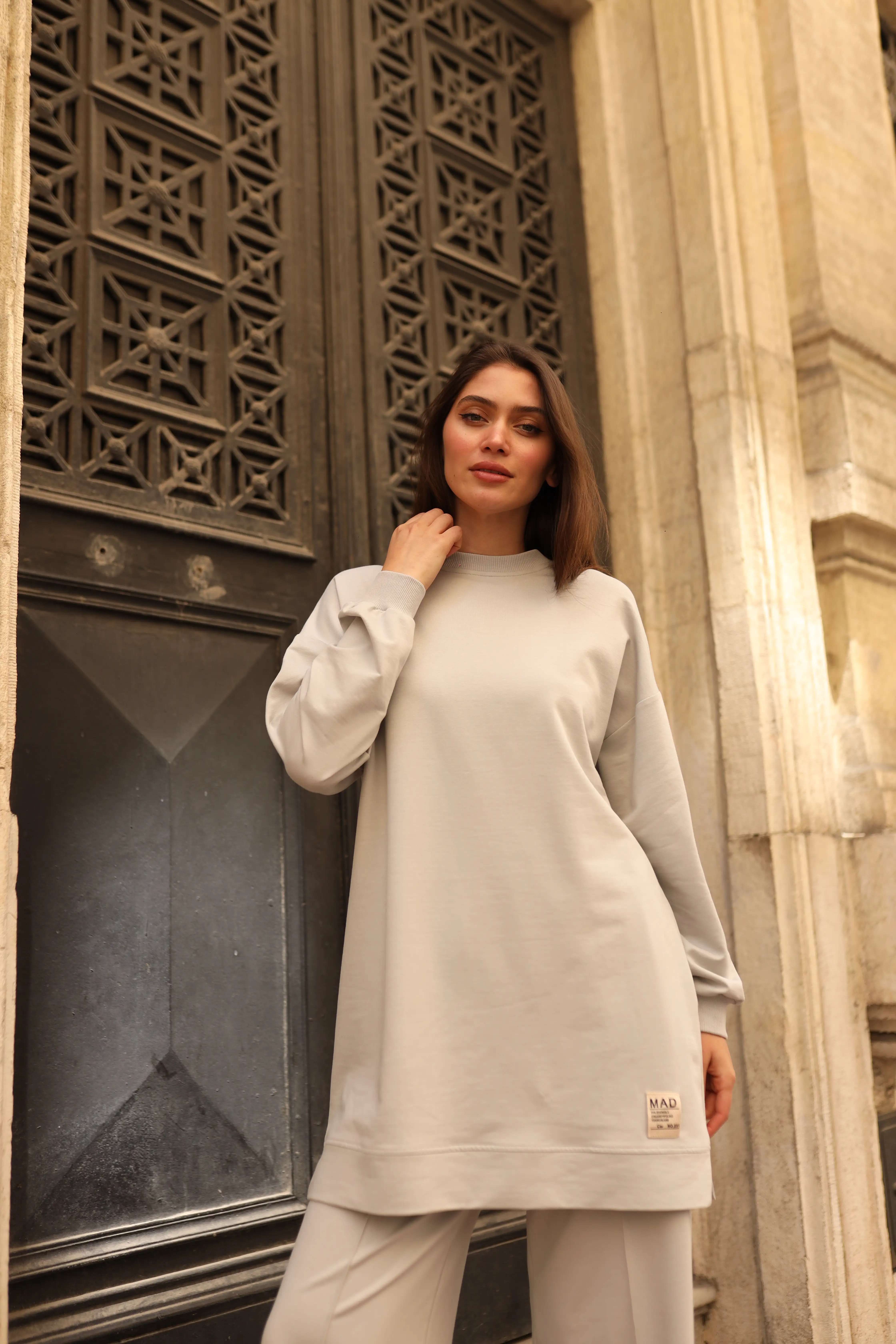 İki İplik Basic Uzun Sweat ve Düz Paça Pantolon İkili Takım - Açık Gri