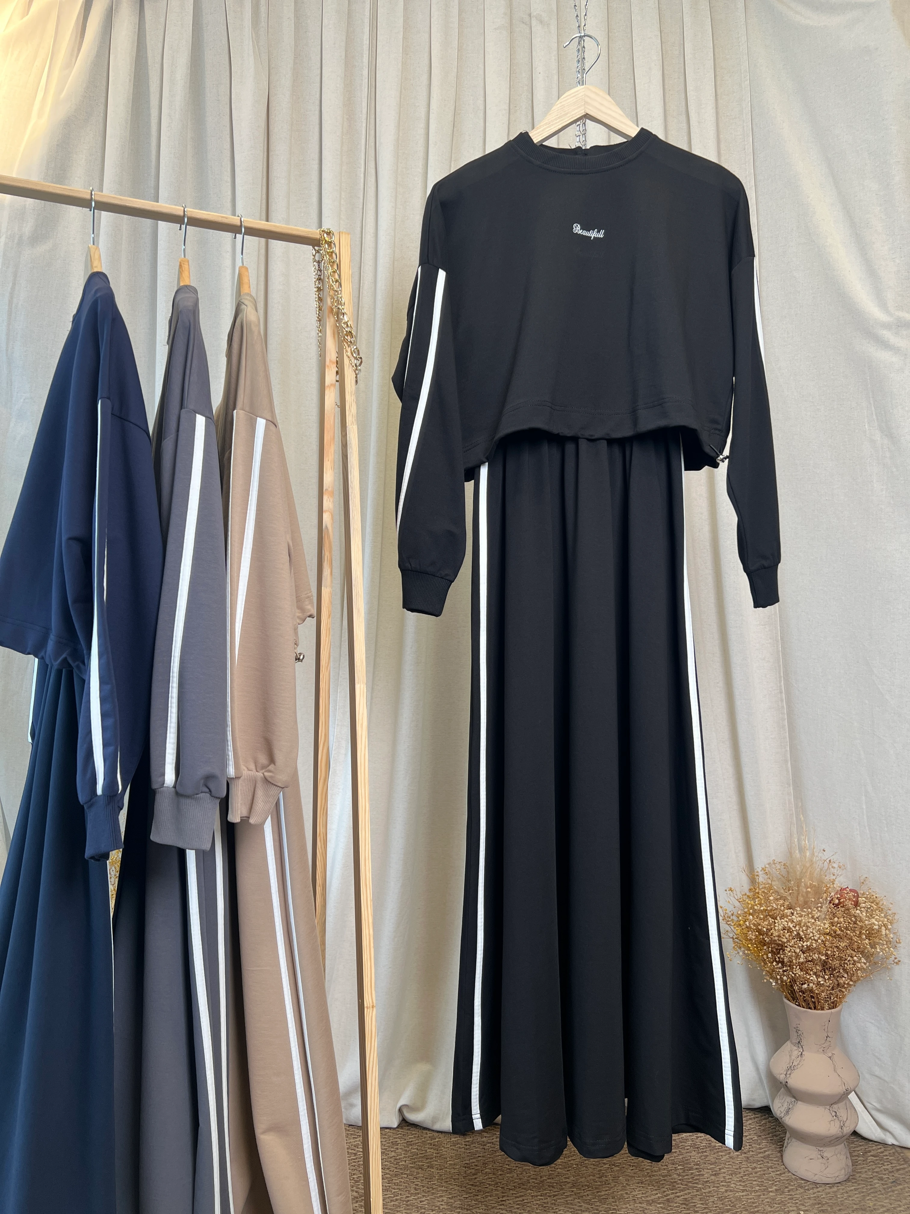 Pamuklu Rahat Form Çizgi Detaylı İkili Elbise Takım - Siyah