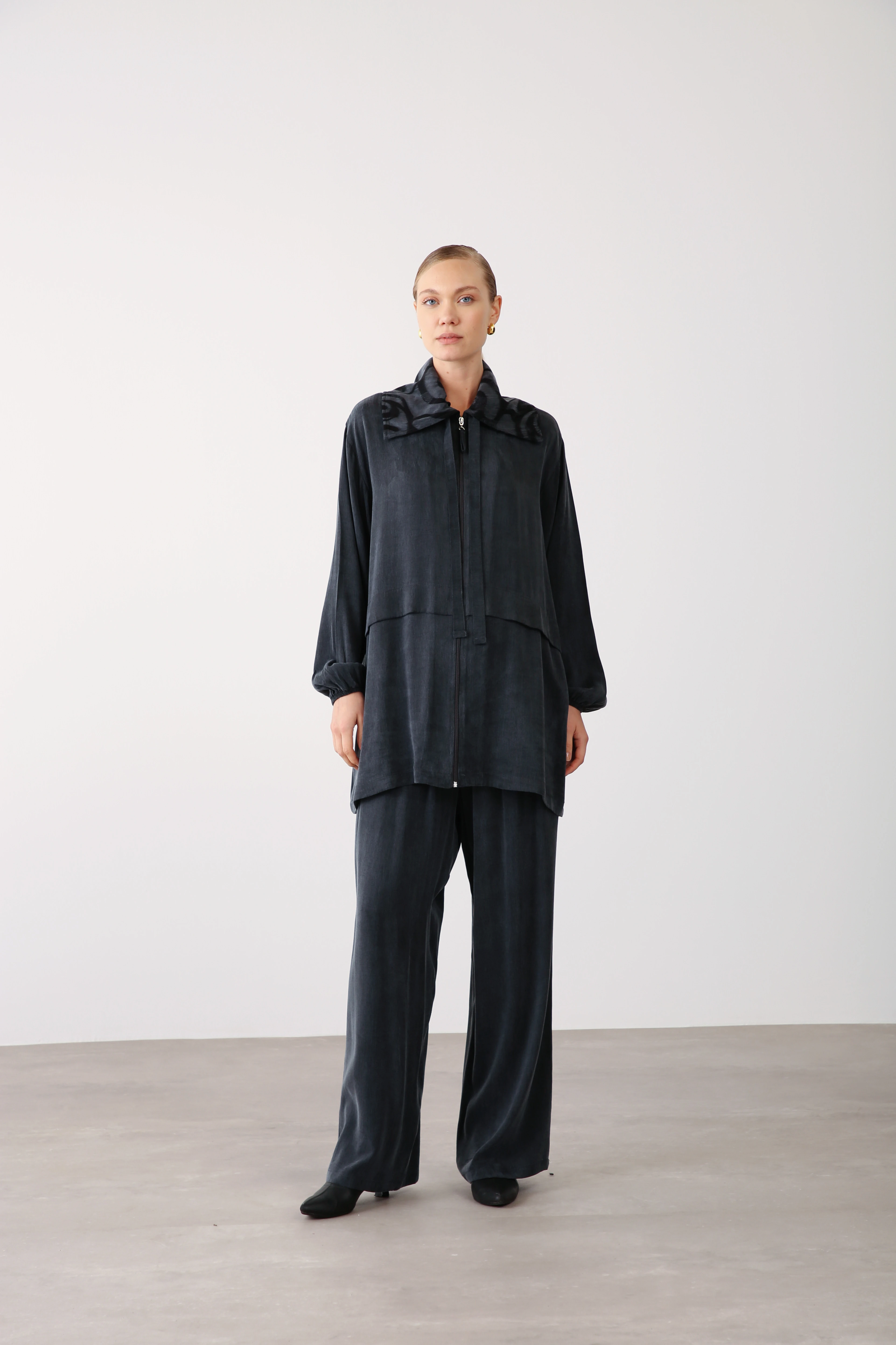 İpek Cupra Jakar Yakalı Ceket Pantolon İkili Takım - Siyah