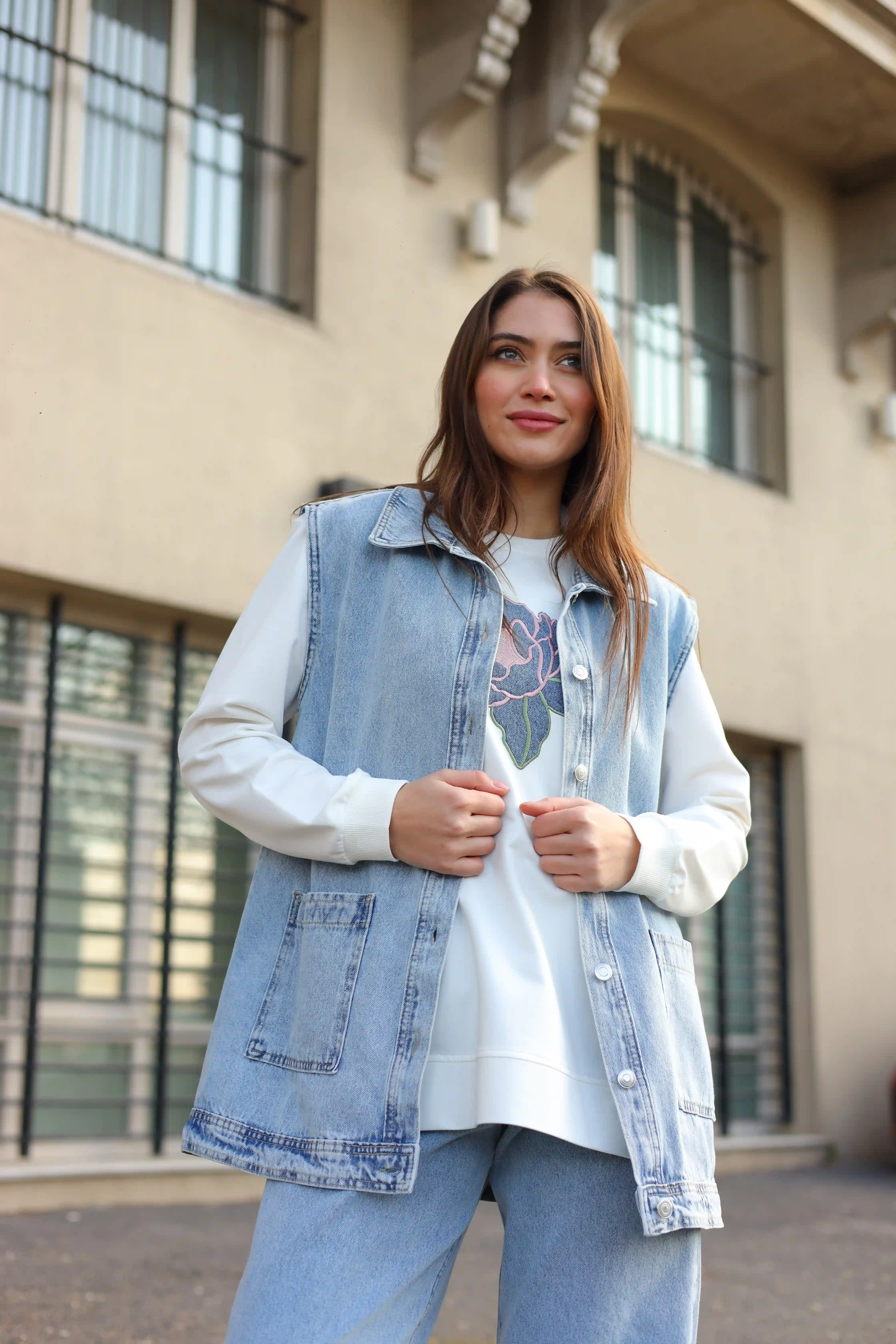 Kot Kumaş Rahat Kesim Cepli Yelekli Üçlü Takım