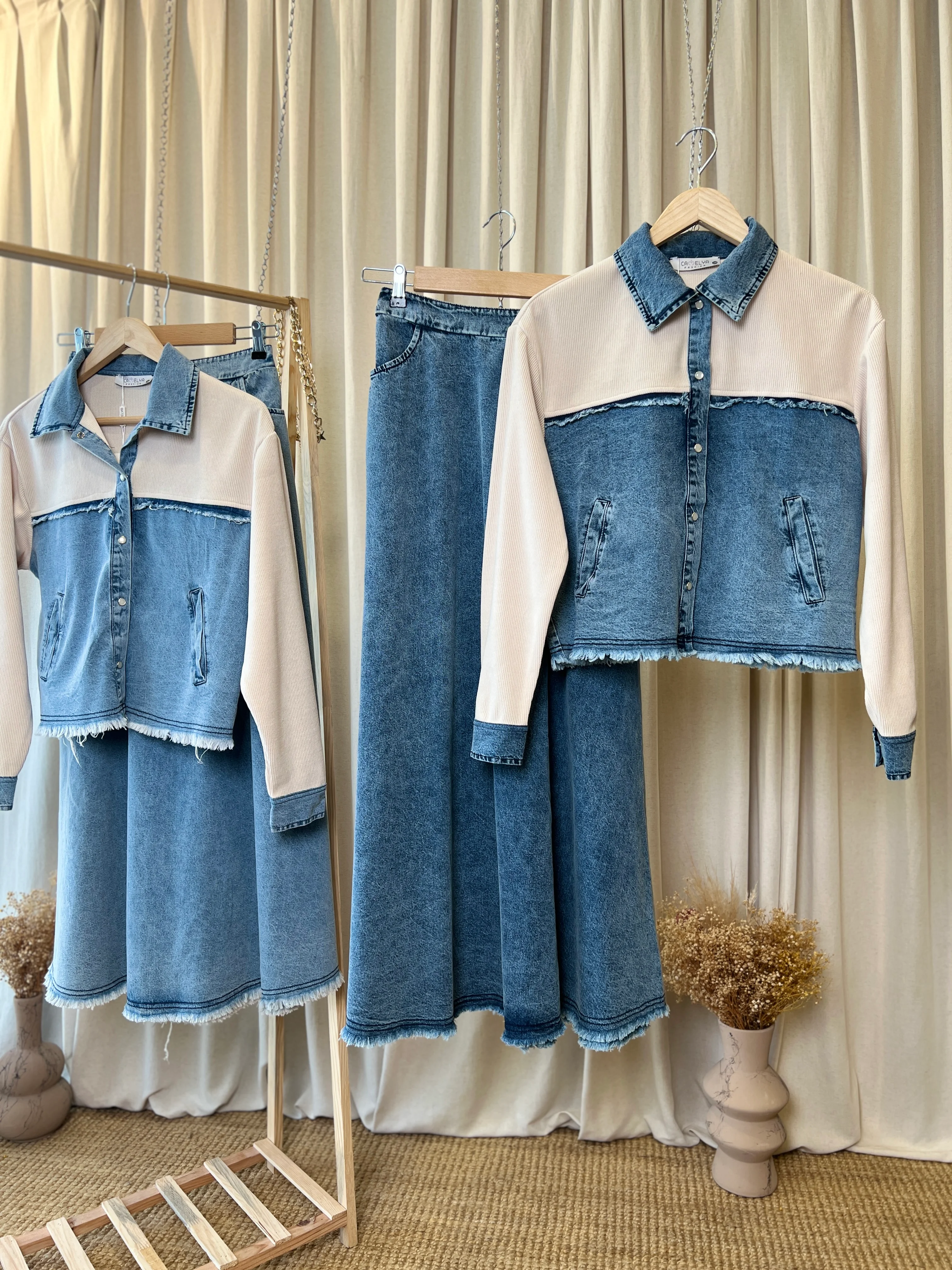 Kontrast Detaylı Yumuşak Denim Uzun Etek Takım