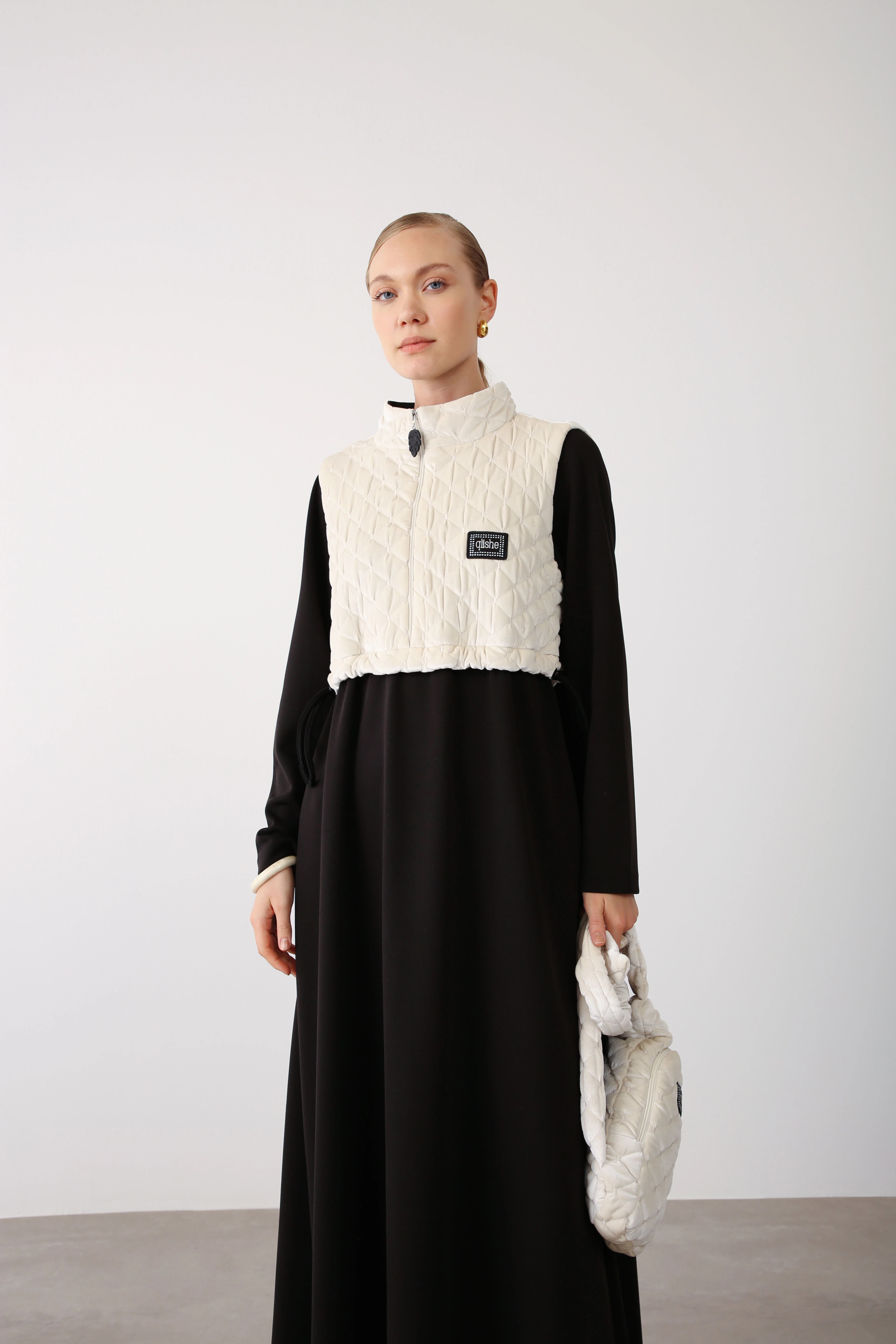 Kapitone Kadife Yelekli Uzun Elbise İkili Takım